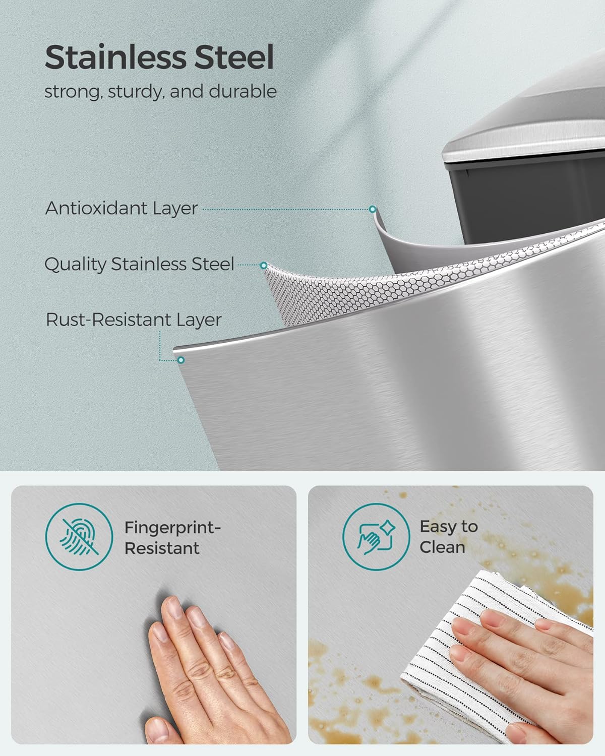 SONGMICS Slim Trash Can, 13-Gallon (50 L) Garbage Can for Narrow Spaces with Soft-Close Lid, Inner