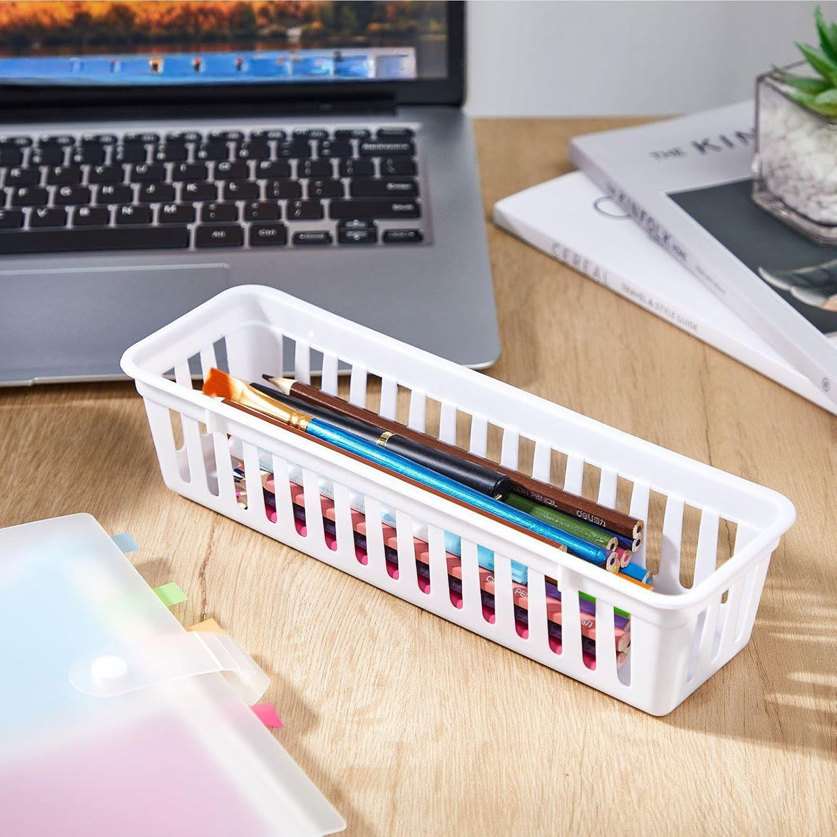 Domensi 24 Pcs Slim Plastic Storage Baskets Tray for Organizing 10.25 x 3.25 x 2.5 Inch Small