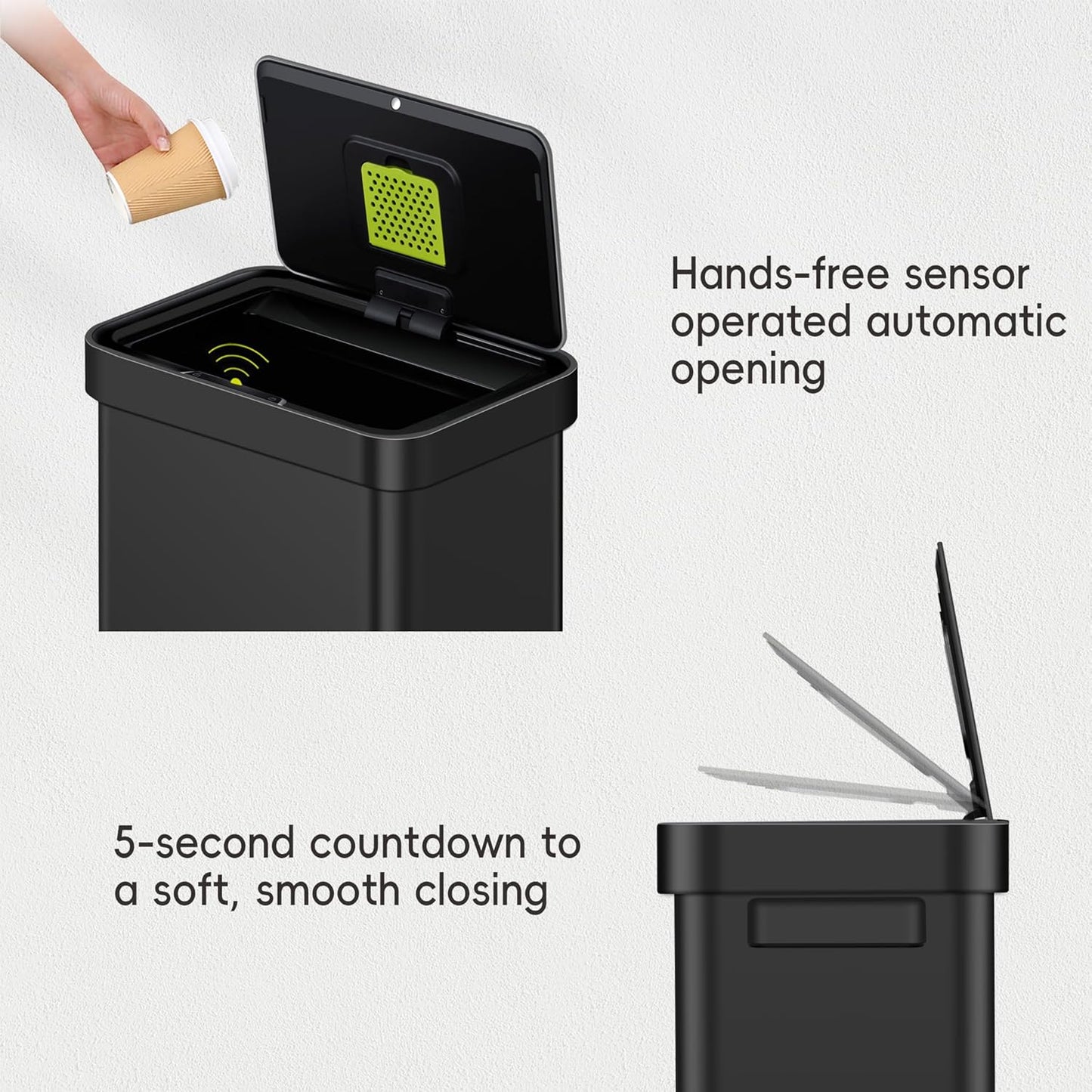 EKO Deluxe Mirage-T 50 Liter / 13.2 Gallon Touchless Rectangular Motion Sensor Trash Can, Matte