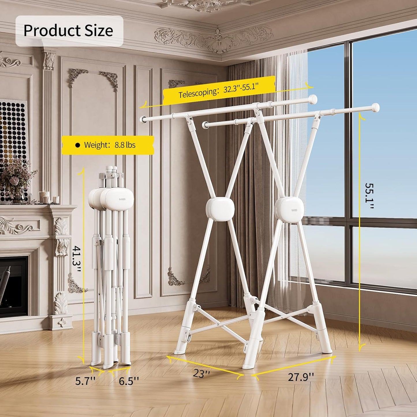 BIREN Clothes Drying Rack Heavy Duty Clothing Racks Extending Laundry Rack Two Drying Modes Garment