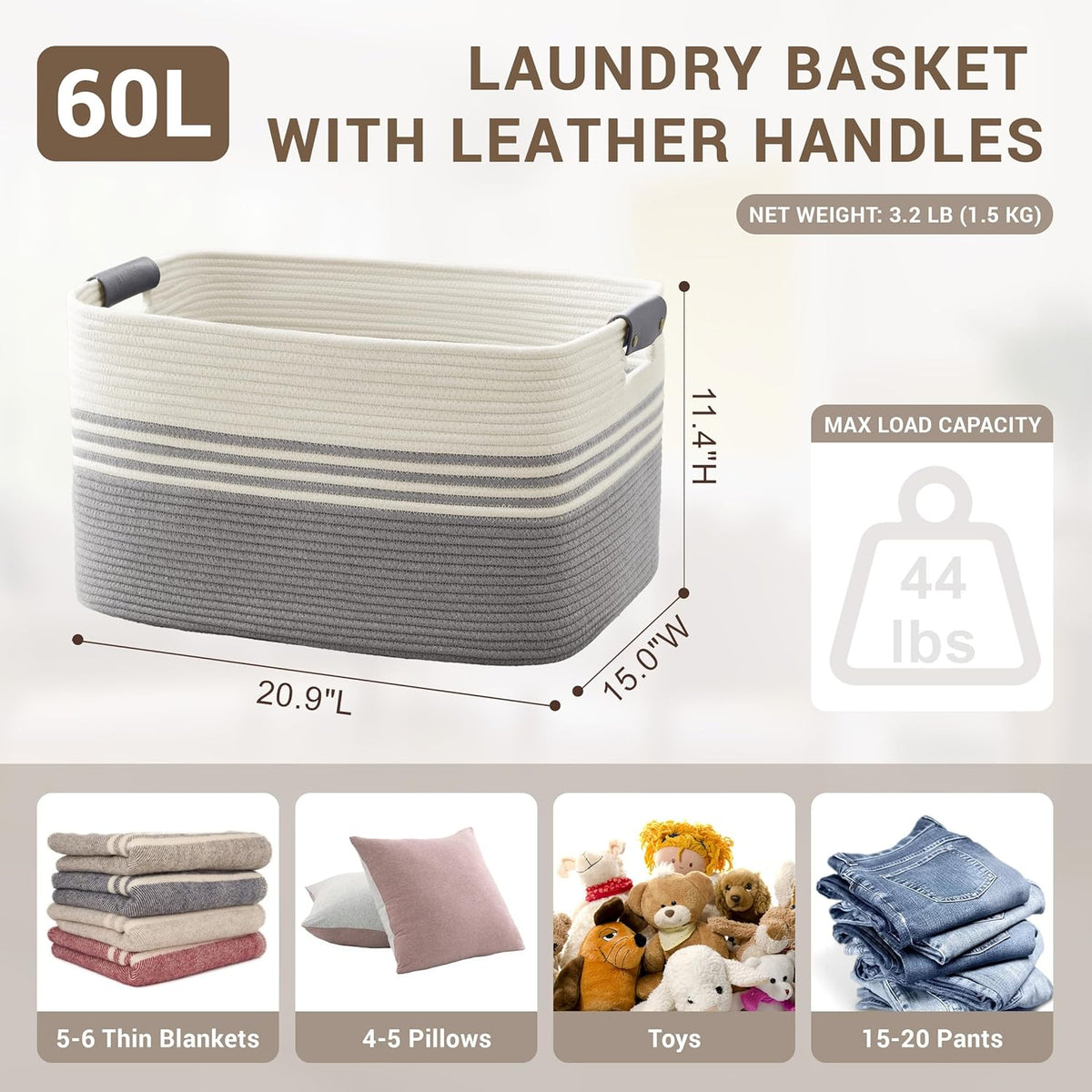 60L Large Laundry Basket with Leather Handles for Living Room Storage, Woven Rope Baskets Bin for