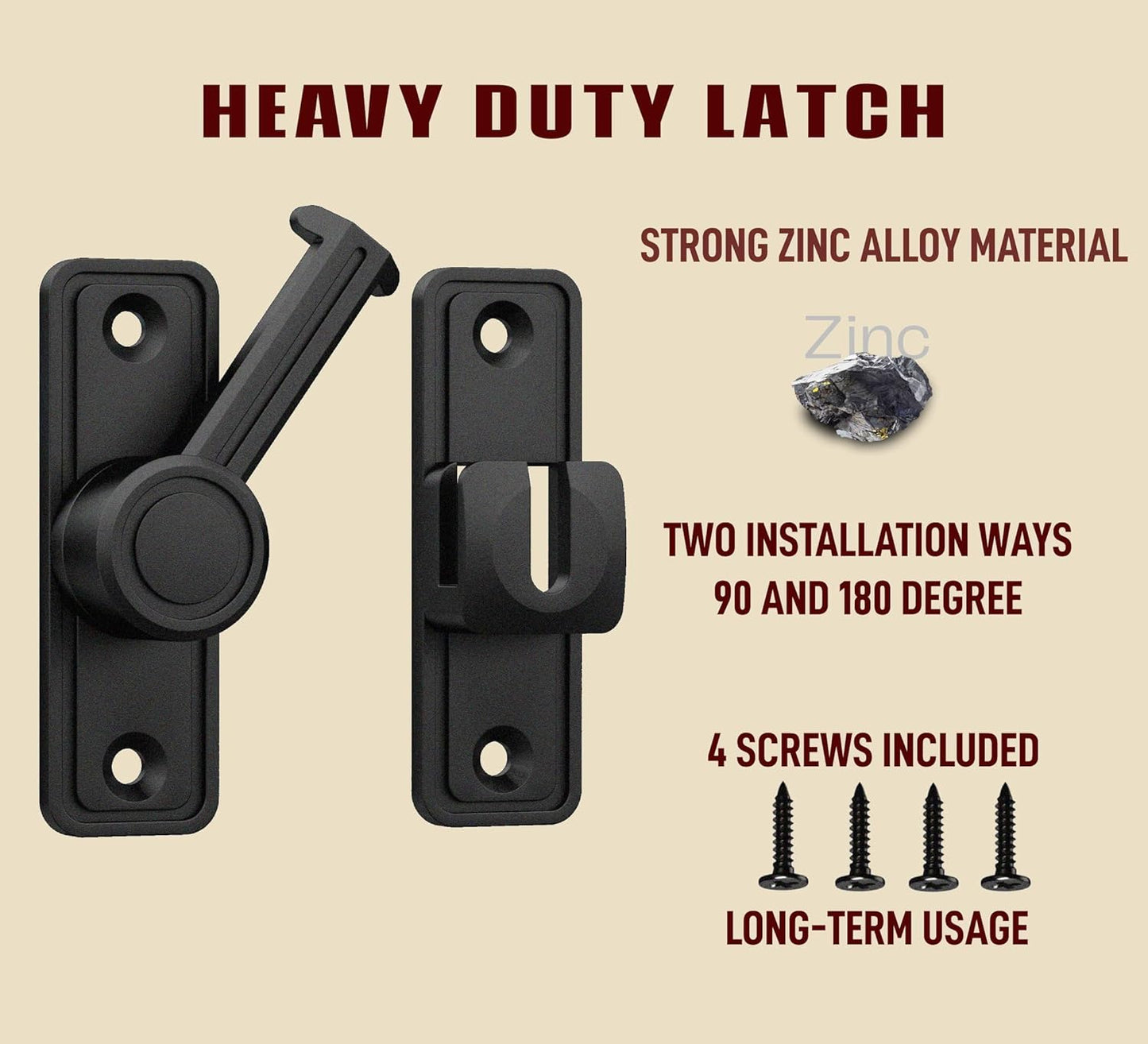 Barn Door Privacy Latch, 90°/180° Swing Slide Lock, Zinc-Alloy, Adhesive or Screw Mount, Interior