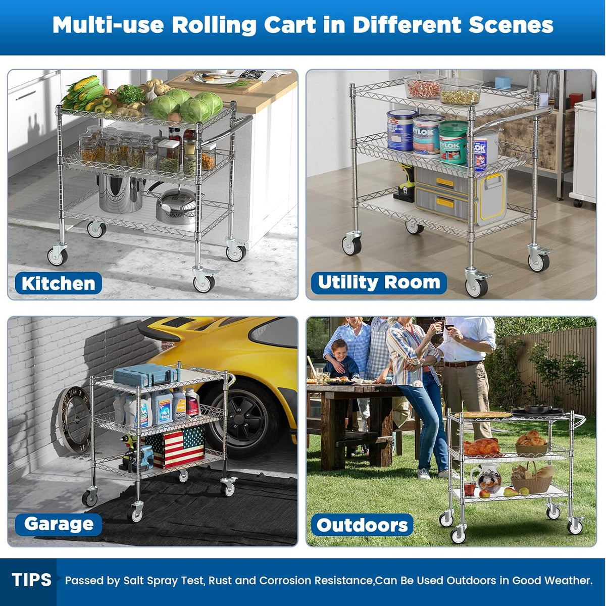 Leteuke Heavy Duty 3 Tier Rolling Utility Cart,NSF Certified 990Lbs Capacity Rolling Carts with