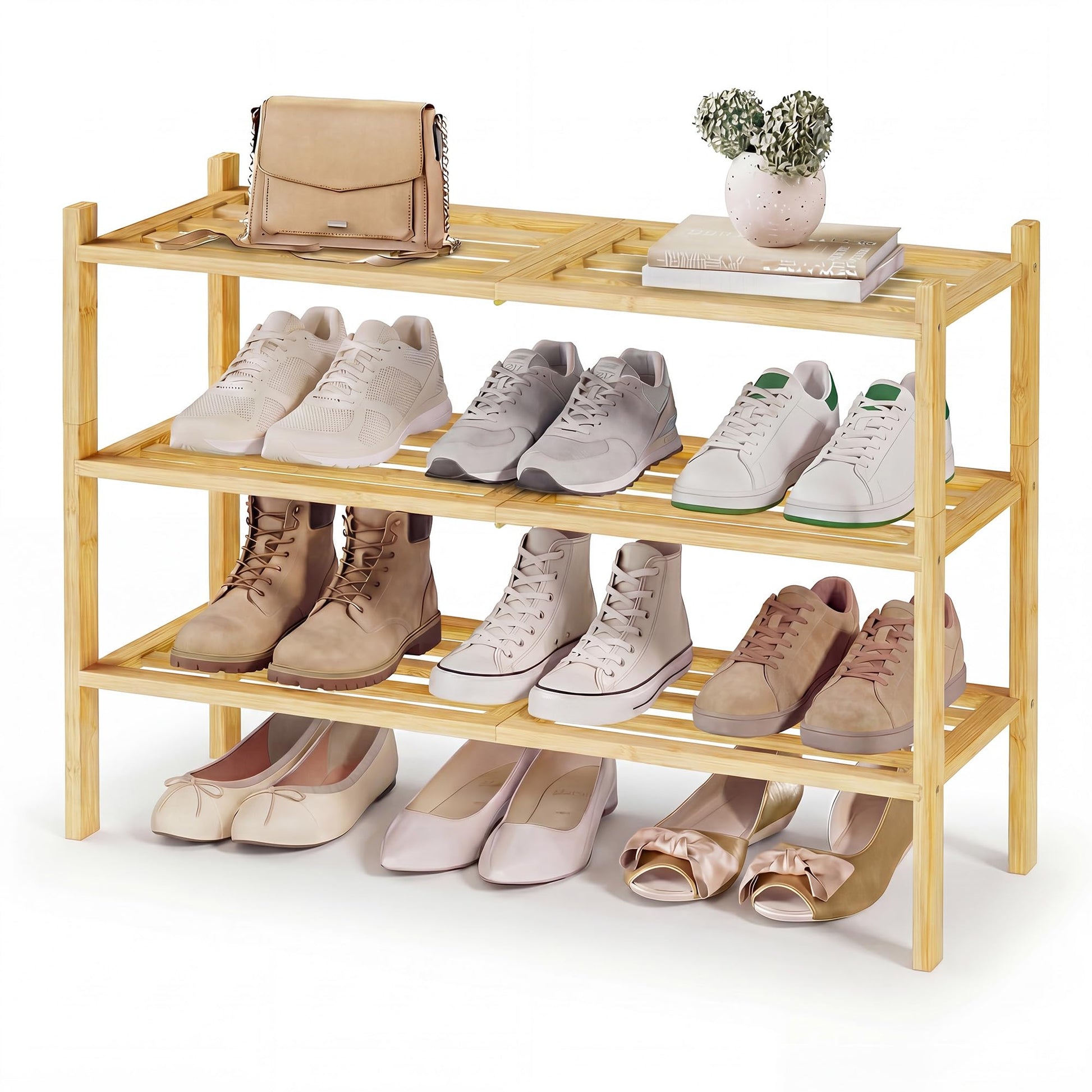 SONGMICS Bamboo Shoe Rack for Closet, Stackable Shoe Oragnizer with Modular Structure, Space-Saving