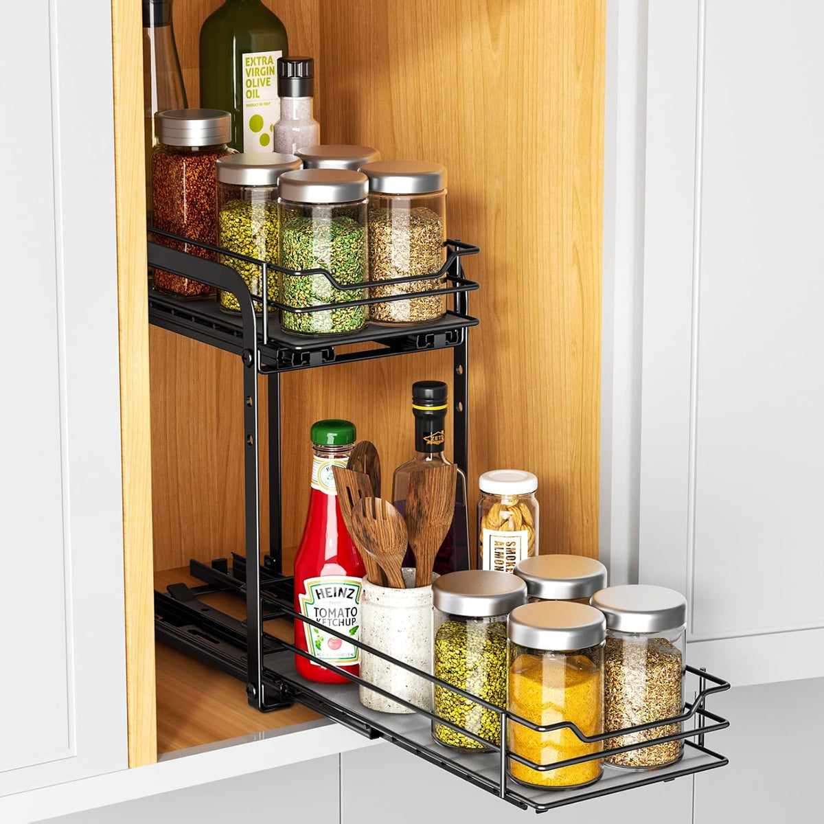 RCHYFEED Spice Organization for Cabinet, 2 Tier Pull Out Spice Rack for Seasoning Organizer, Height