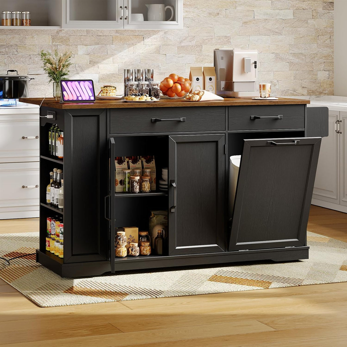 Kitchen Island with Power Outlet & Drop Leaf, Rolling Storage Cart with Trash Storage Cabinet