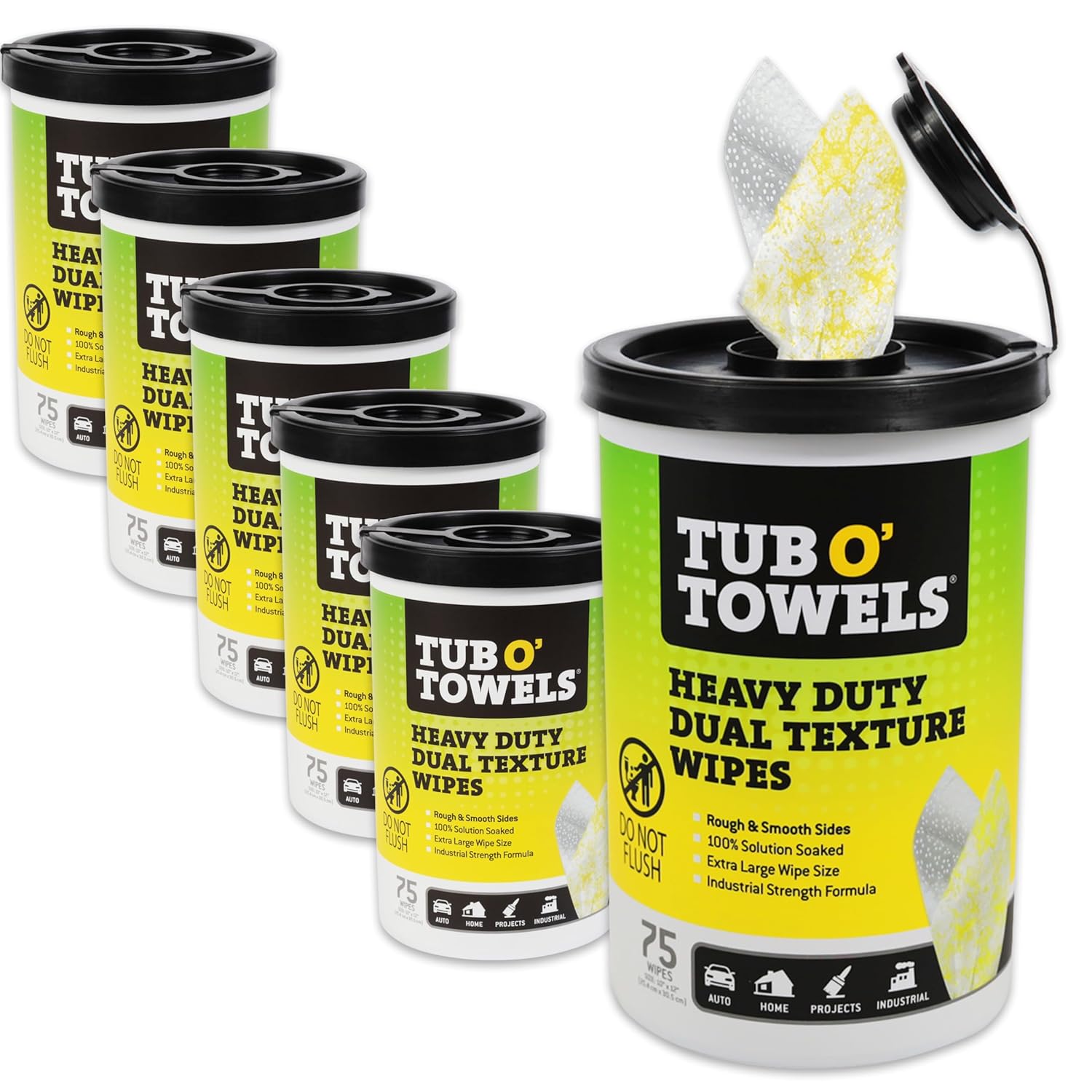 Tub O’ Towels TW75 Heavy-Duty 10" x 12" Size Multi-Surface Cleaning Wipes, Dual Texture, 75 Count