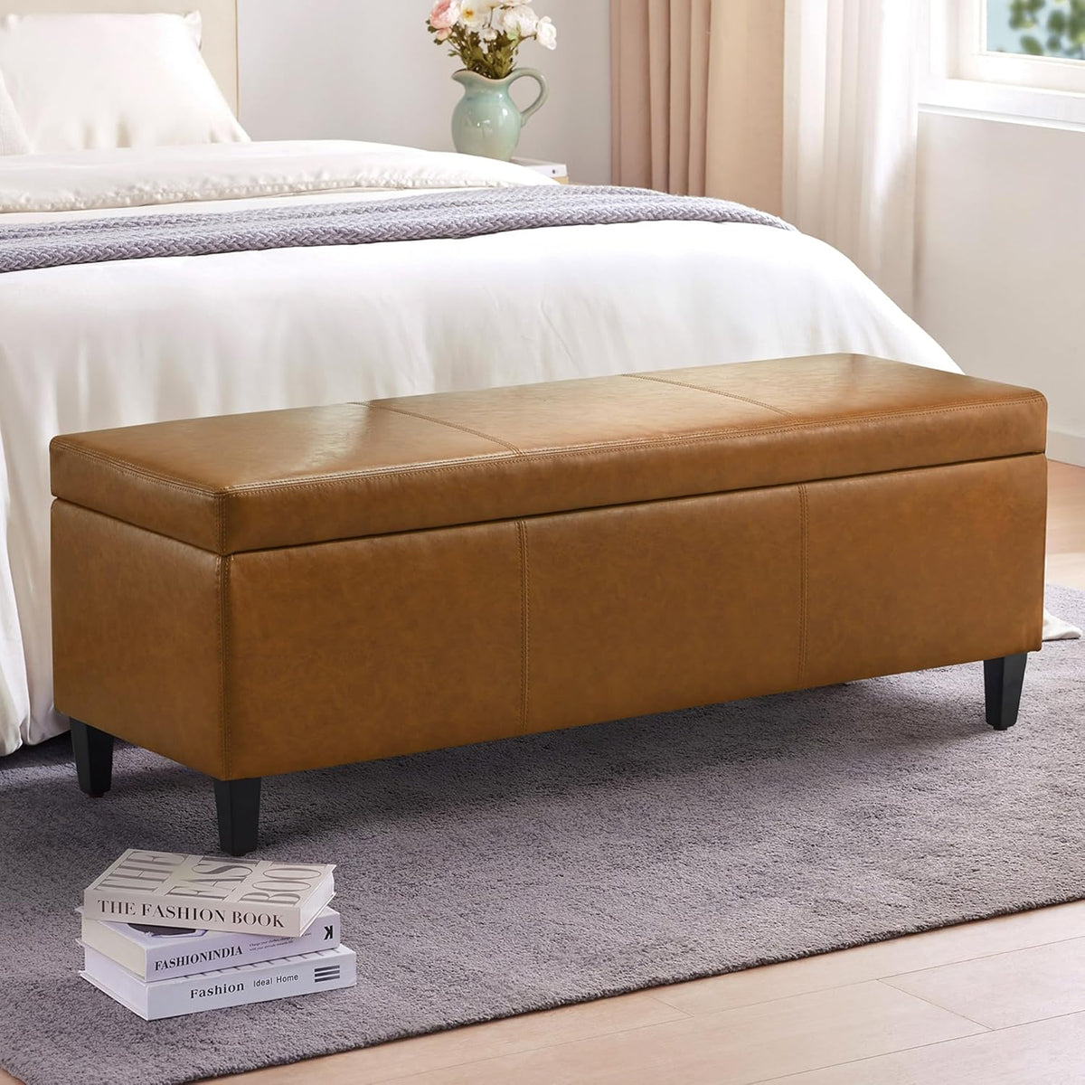 HUIMO Faux Leather Storage Ottoman Bench 50.3 Inch Extra Long PU Upholstered Bedroom Bench with