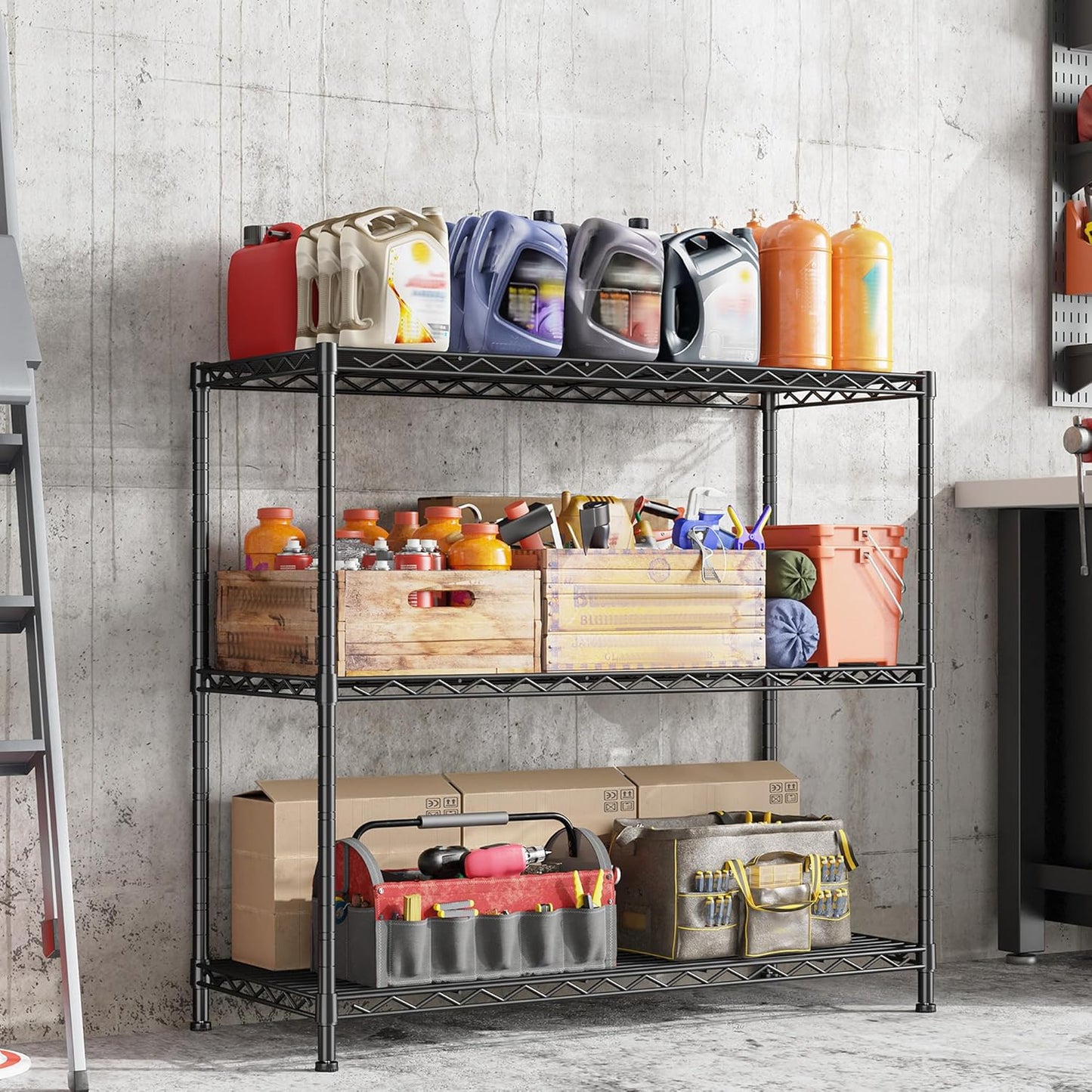 3- Shelf Metal Shelving Unit 35.6Wx14Dx36H Adjustable Storage Shelves Heavy Duty Garage Shelving