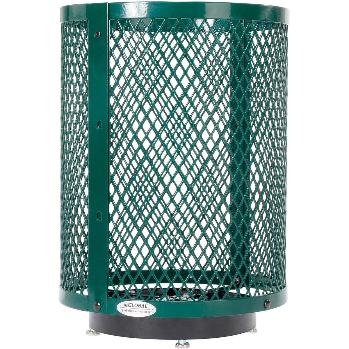 Global Industrial Outdoor Diamond Steel Trash Can with Rain Bonnet Lid, Raised Base and Plastic