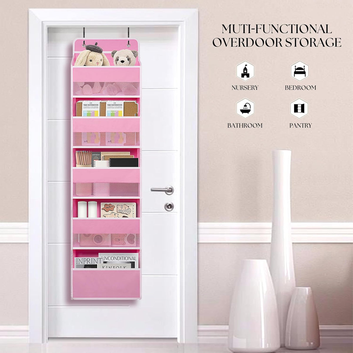 Over Door Organizer with 5 Large Pockets, Heavy Duty Hanging Organizer Storage, Closet Bathroom