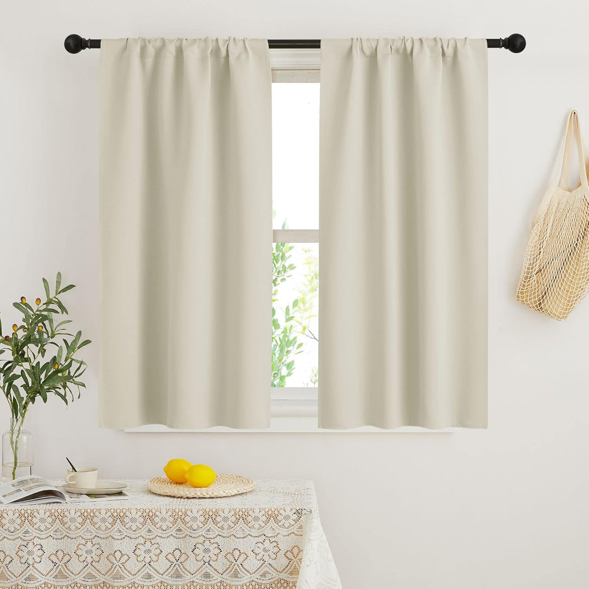 RYB HOME Beige Short Curtains Blackout, 45 inch Durable Cafe Curtains Room Darkening Window Drapes