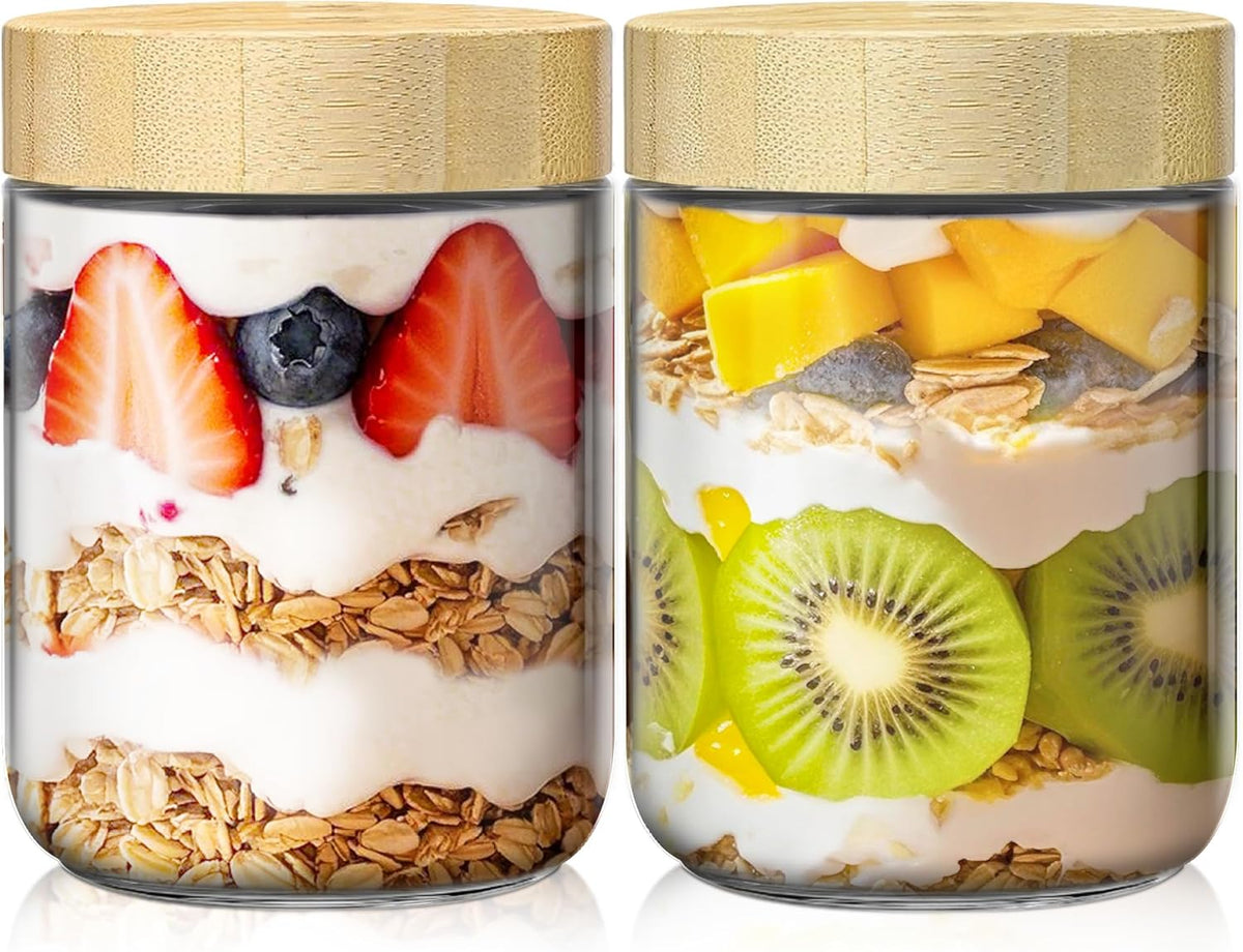 2 Pack 16oz Overnight Oats Containers with Bamboo Lids, Glass Jars with Airtight Lids for Meal