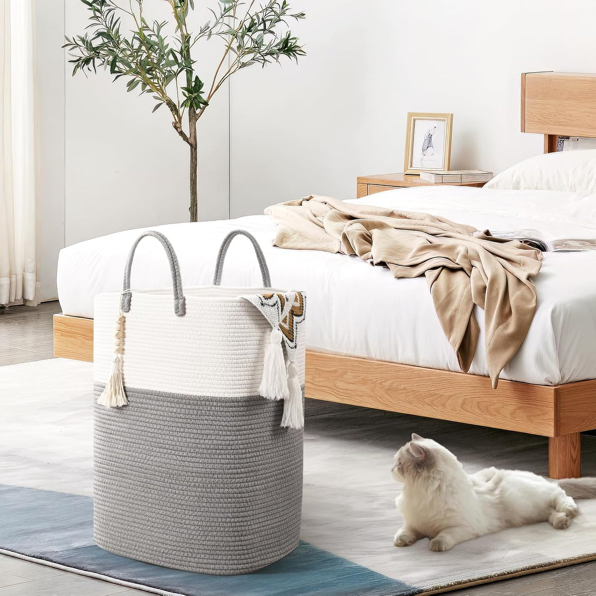 Woven Laundry Basket for Clothes, 65L Large Rectangle Laundry Hampers with Beads Tassel, Nursery