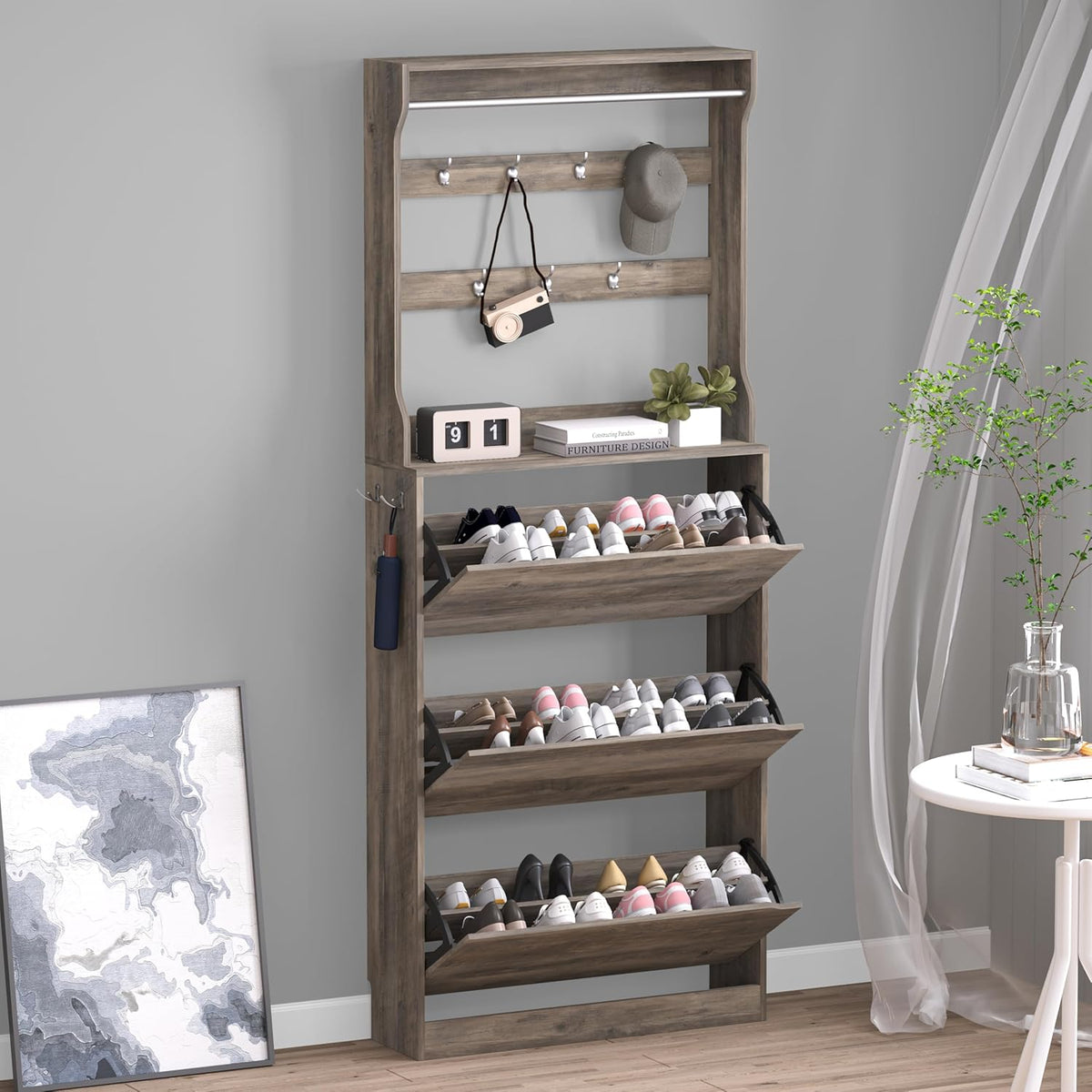 Shoe Cabinet with 3 Flip Drawers & Coat Rack, Narrow Hidden Shoe Storage Cabinet, 2-in-1 Hall Tree