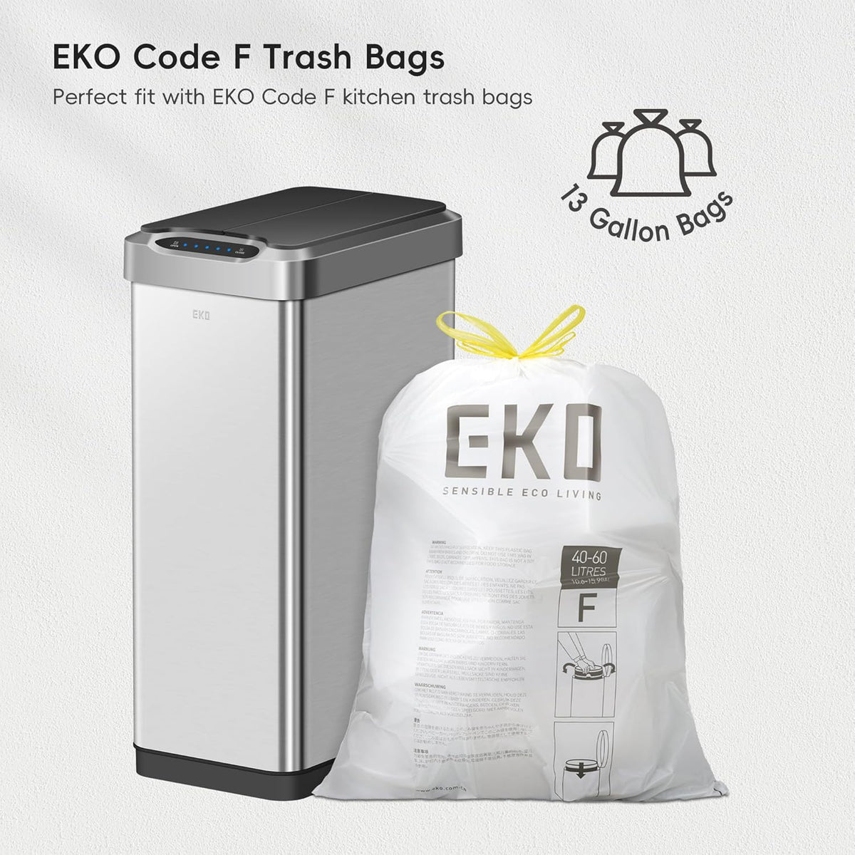 EKO Phantom-T 50 Liter / 13.2 Gallon Vertical Motion Sensor Trash Can, Brushed Stainless Steel