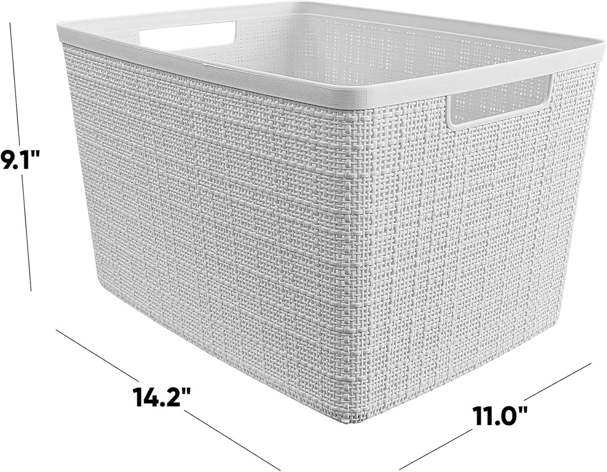 Curver Set of 4 Jute Large Decorative Plastic Organization and Storage Baskets, Perfect Bins for