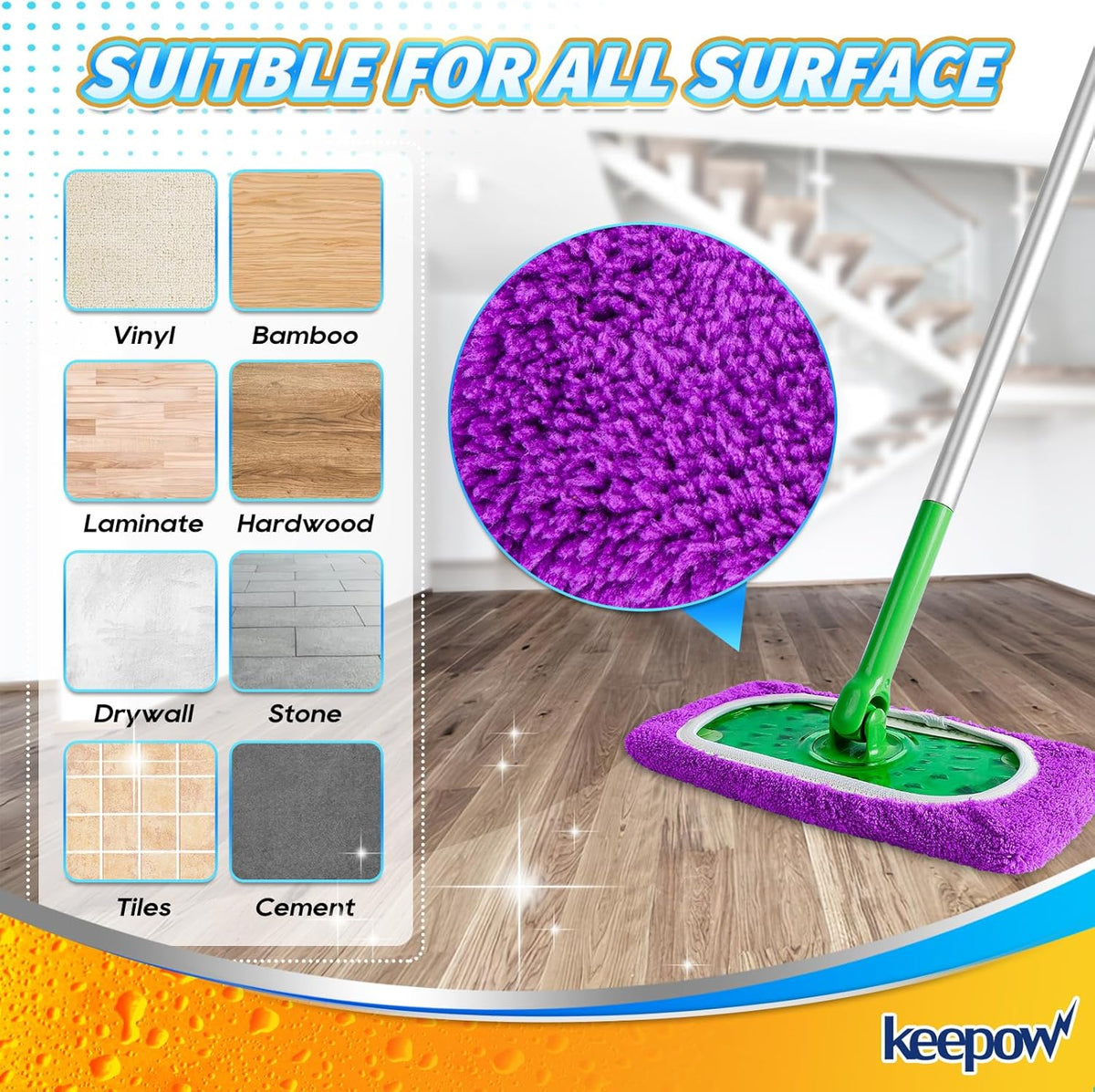 KEEPOW Reusable Microfiber Mop Pads for Swiffer Sweeper Mop, Washable Wet Pad Refills for Wet & Dry