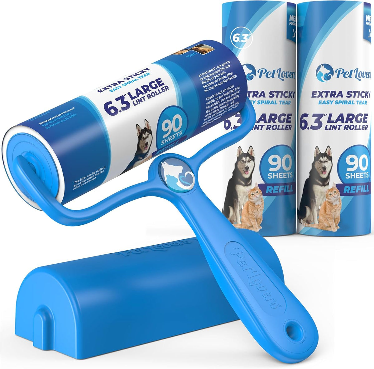 PetLovers 6.3" Large Lint Roller for Pet Hair Extra Sticky 270 Sheets, Ideal for Pet Hair Removal
