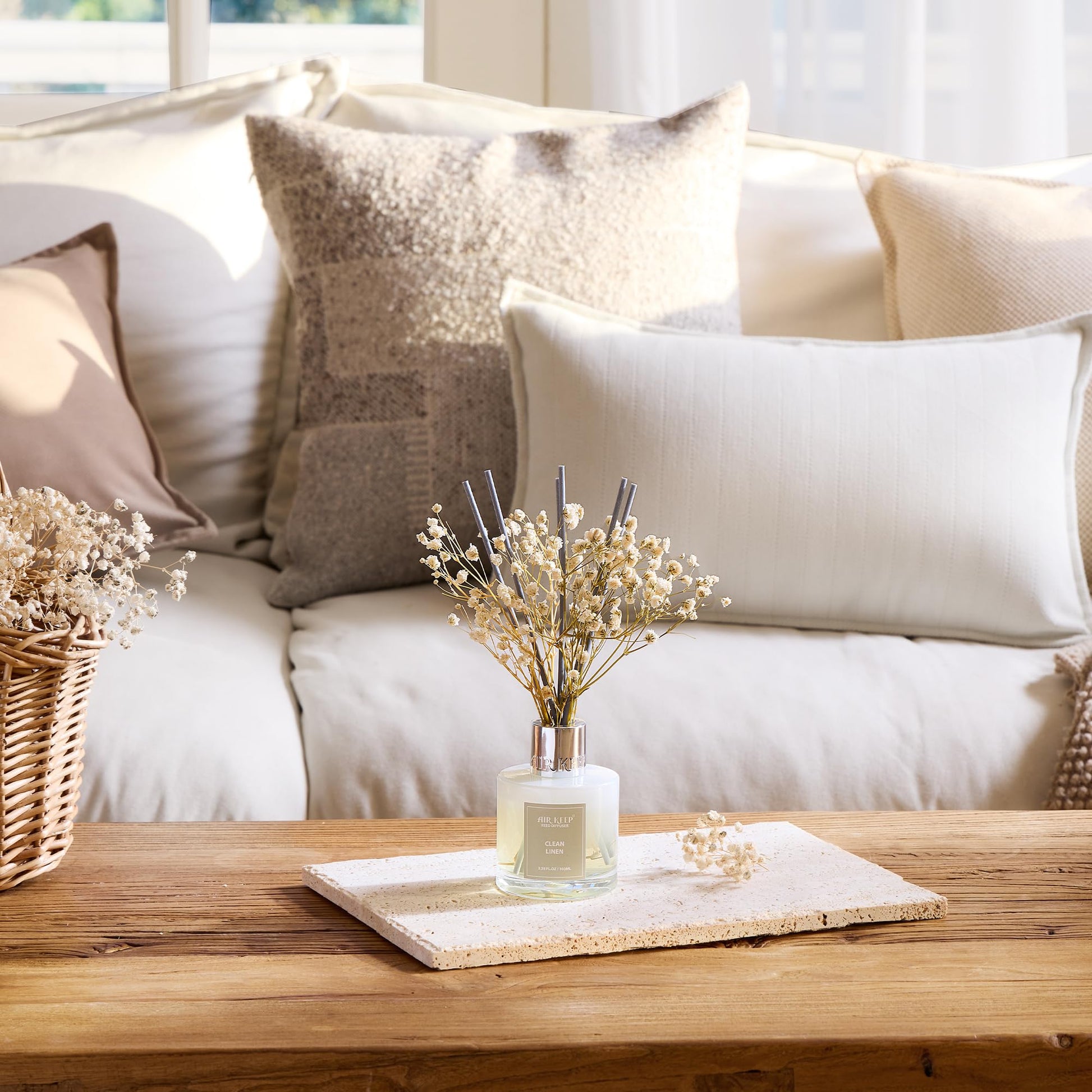 Airkeep Reed Diffuser Set,3.38 fl oz (100 ml) - Clean Linen Oil Diffusers with 8 Reed Sticks,Home