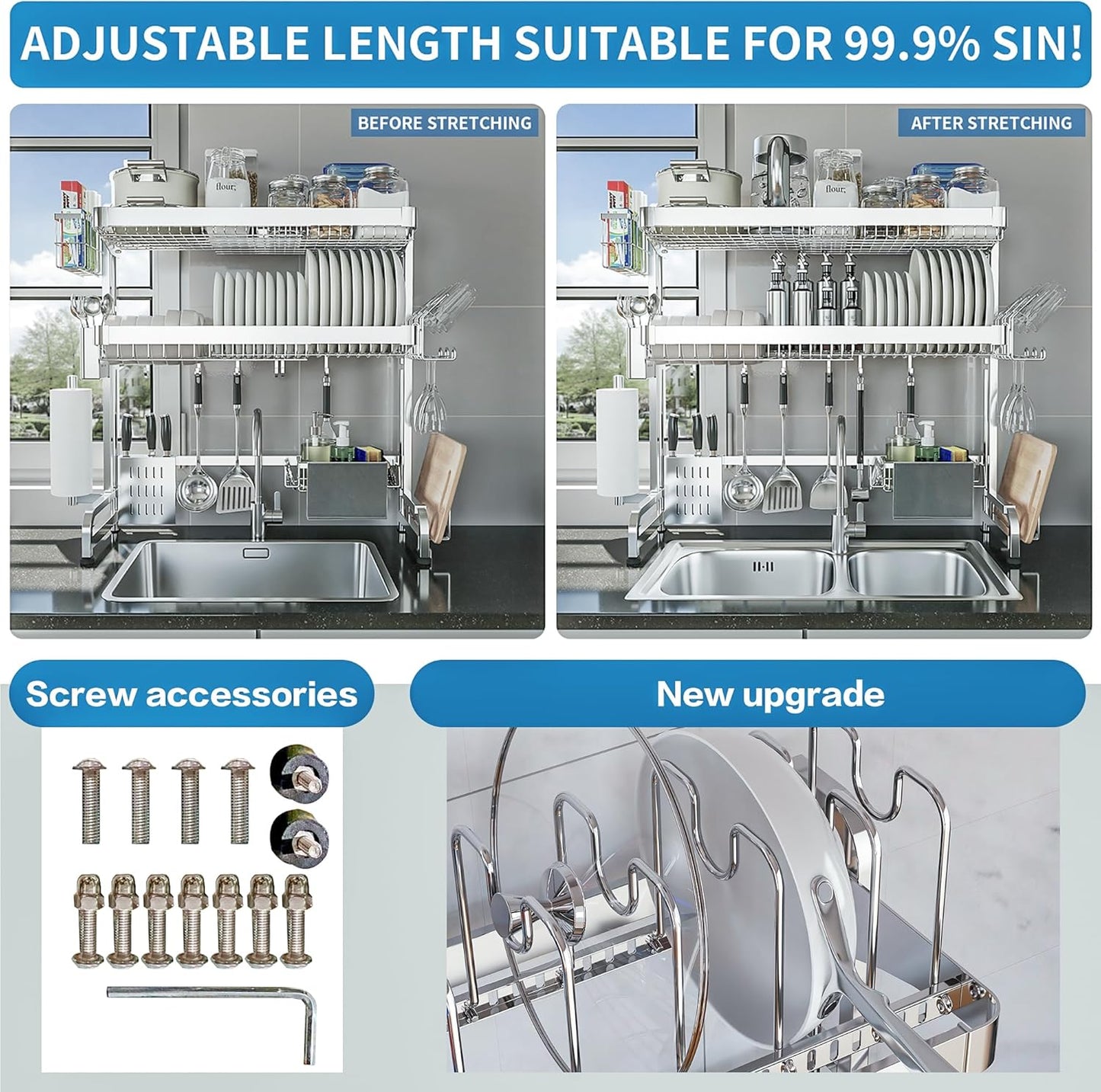 Over The Sink Dish Drying Rack,3 Tier Adjustable Length Full Stainless Steel Large Storage Kitchen