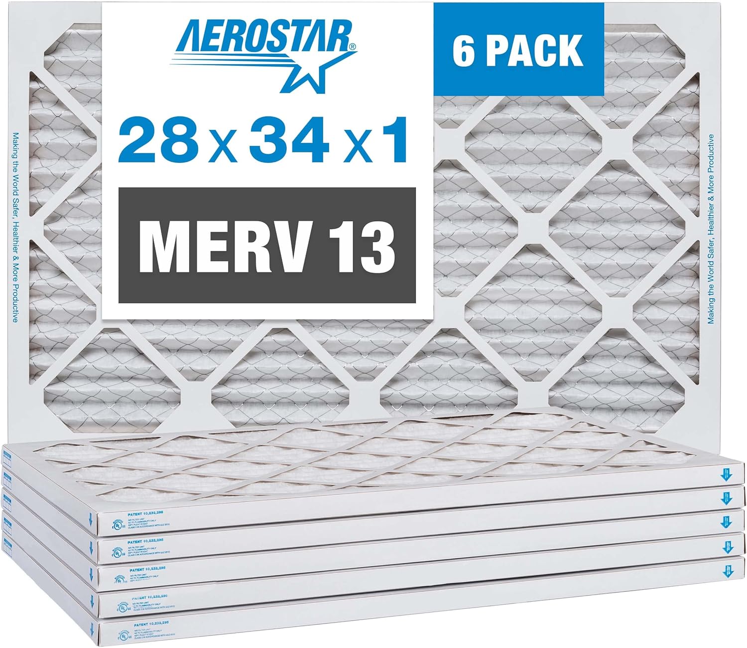 Aerostar 28x34x1 MERV 13-6 Count - Pleated Furnace & Air Conditioner Filters - Removes Bacteria