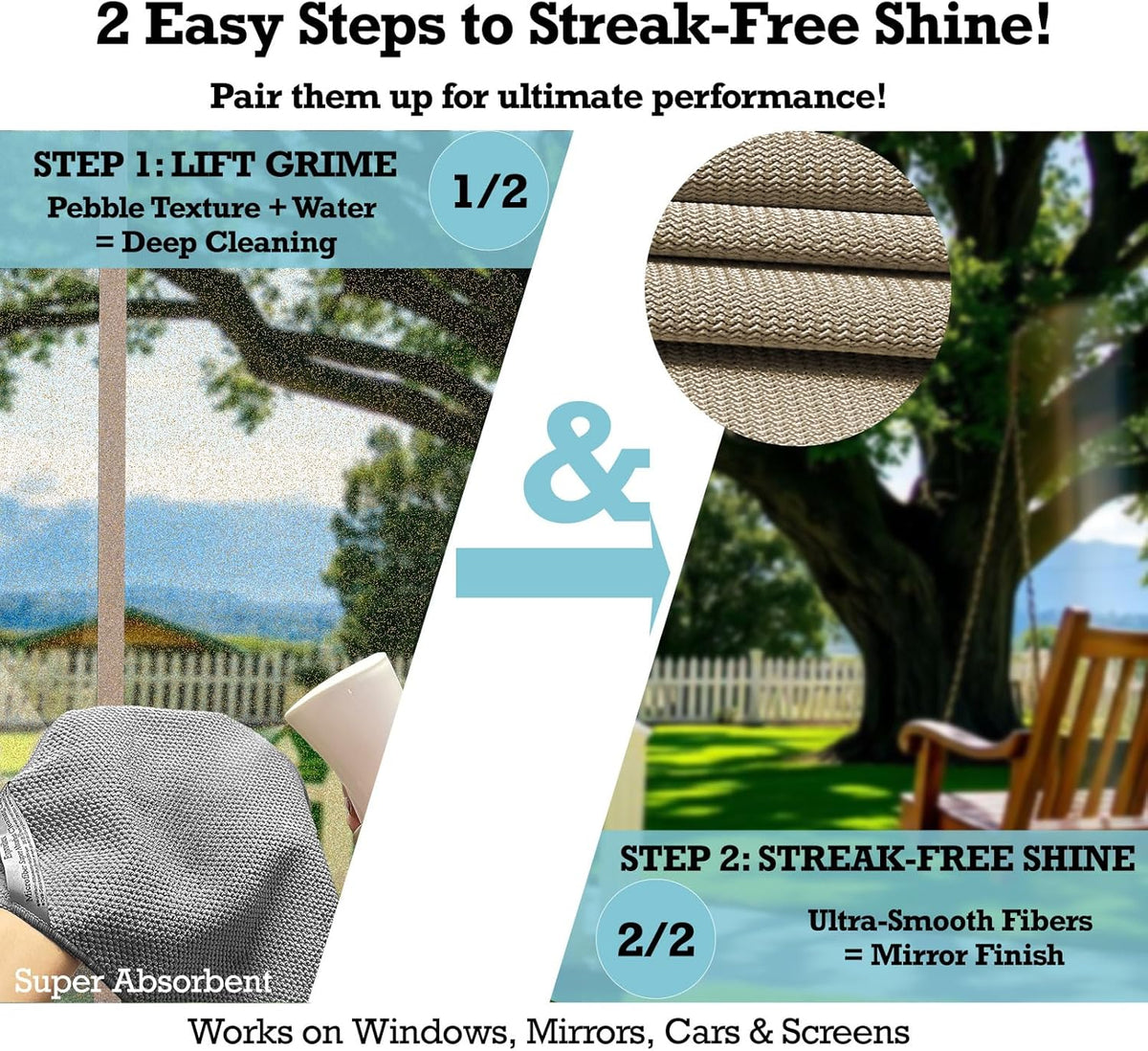 2-Step Glass Cleaning Cloth 3-Pack - Lint-Free Microfiber Towels Polish & Scrub Kit - Water Only