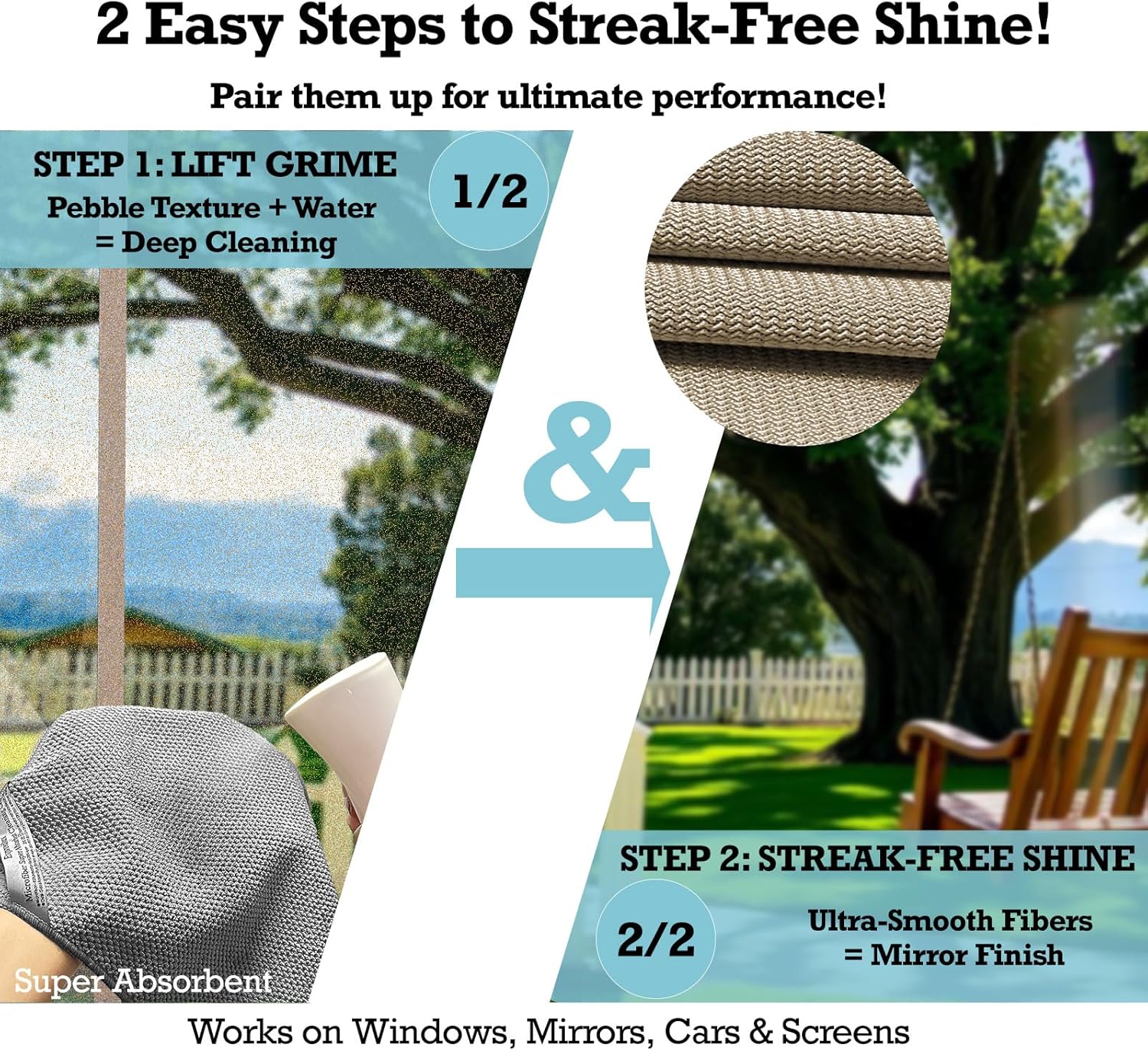 2-Step Glass Cleaning Cloth 3-Pack - Lint-Free Microfiber Towels Polish & Scrub Kit - Water Only