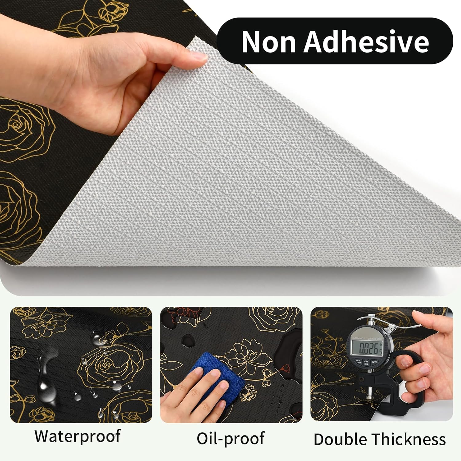 Shelf Liners for Kitchen Cabinets 17.5in x 20FT Non Adhesive Drawer Liner Black Floral Thickened