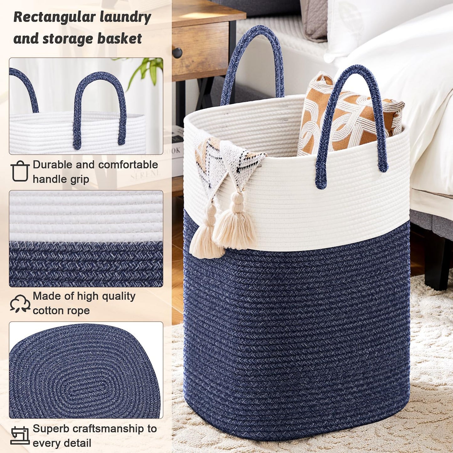 Laundry Basket,Woven Cotton Rope Laundry Hamper,Versatile Storage for Dirty Clothes,Baby Toys,and