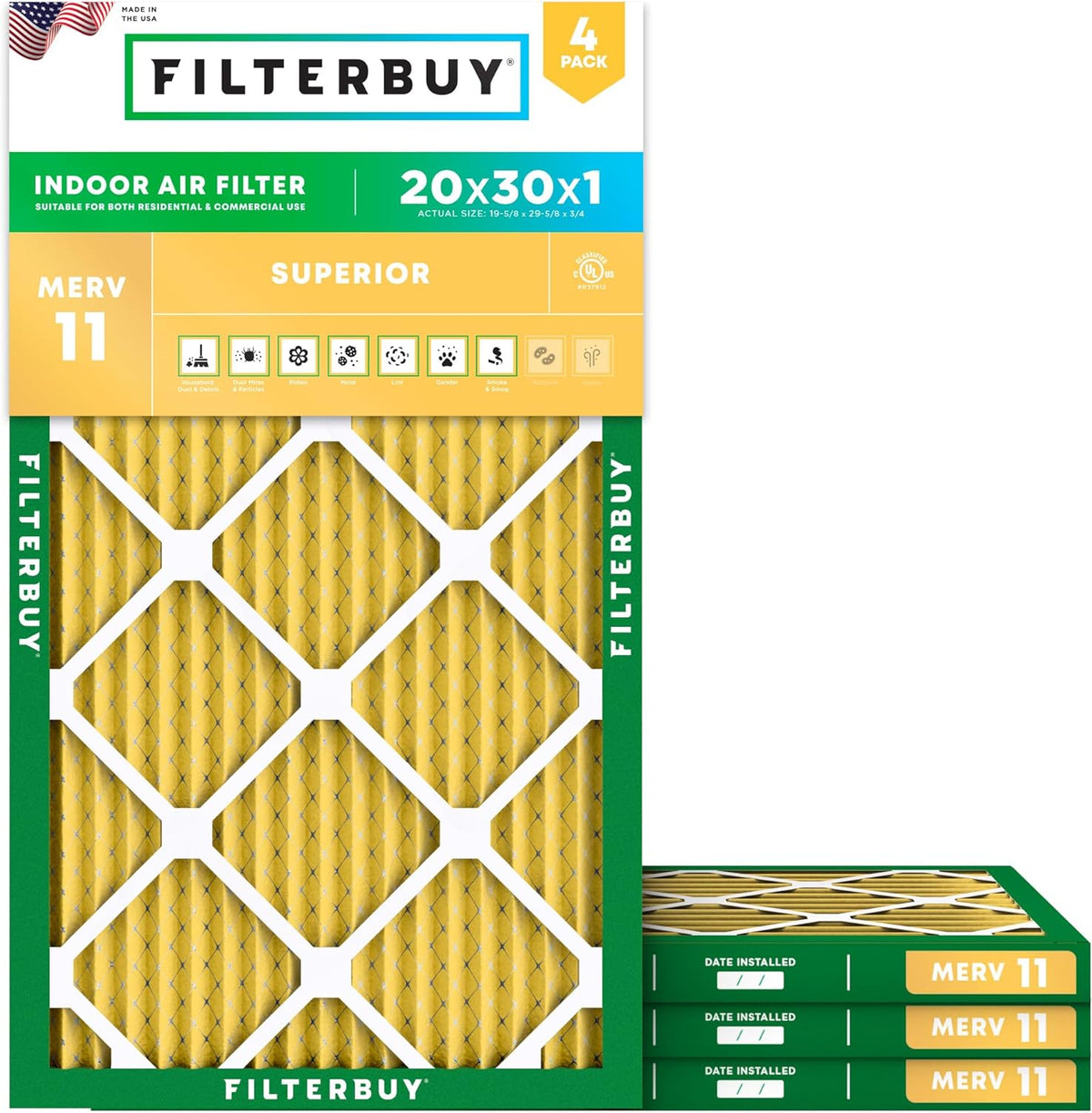 Filterbuy 20x30x1 Air Filter MERV 11 (MPR 1200) Allergen Defense Replacement (4-Pack)