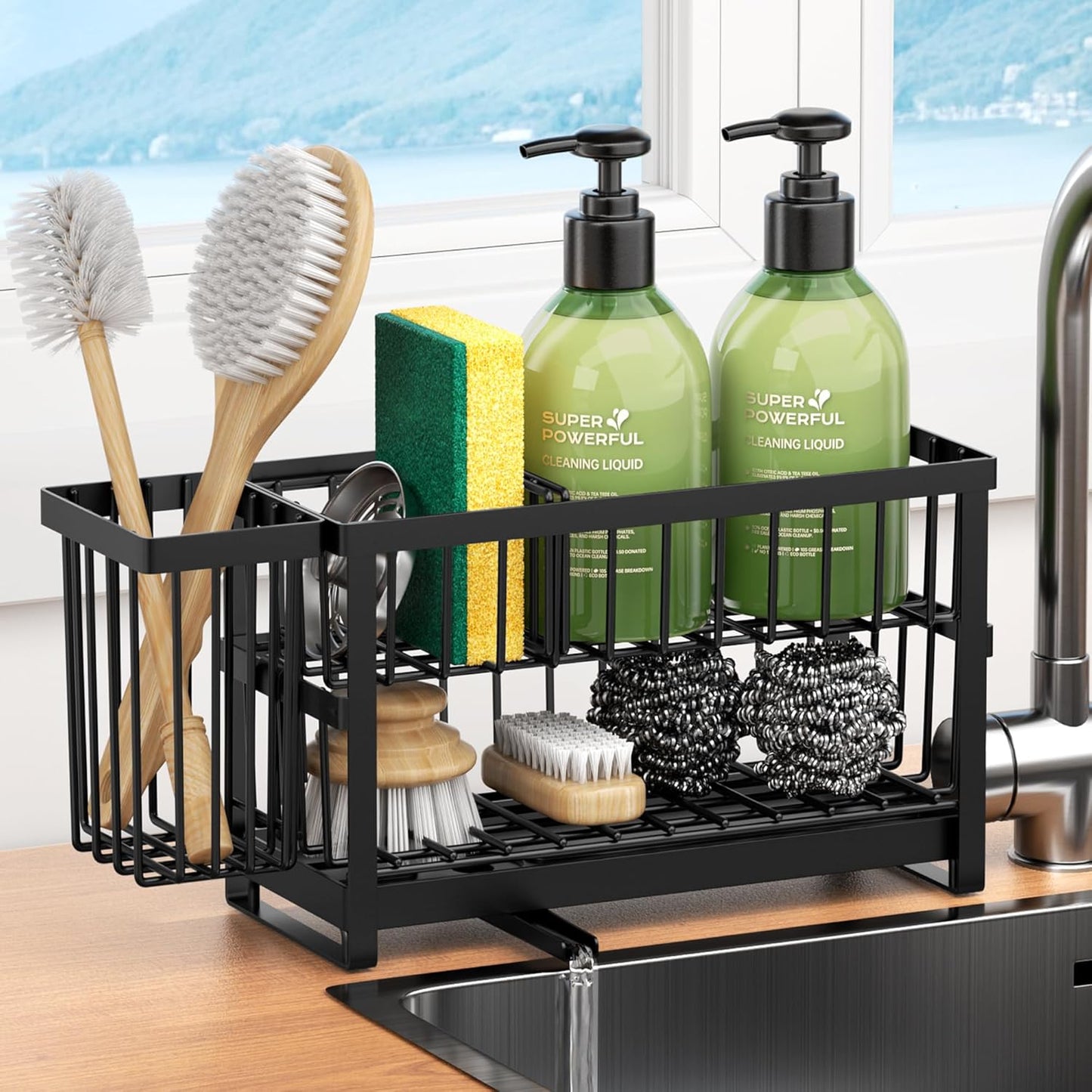Sponge Holder for Kitchen Sink, 2 Tier Sink Caddy Organizer Countertop with Dish Brush Holder and