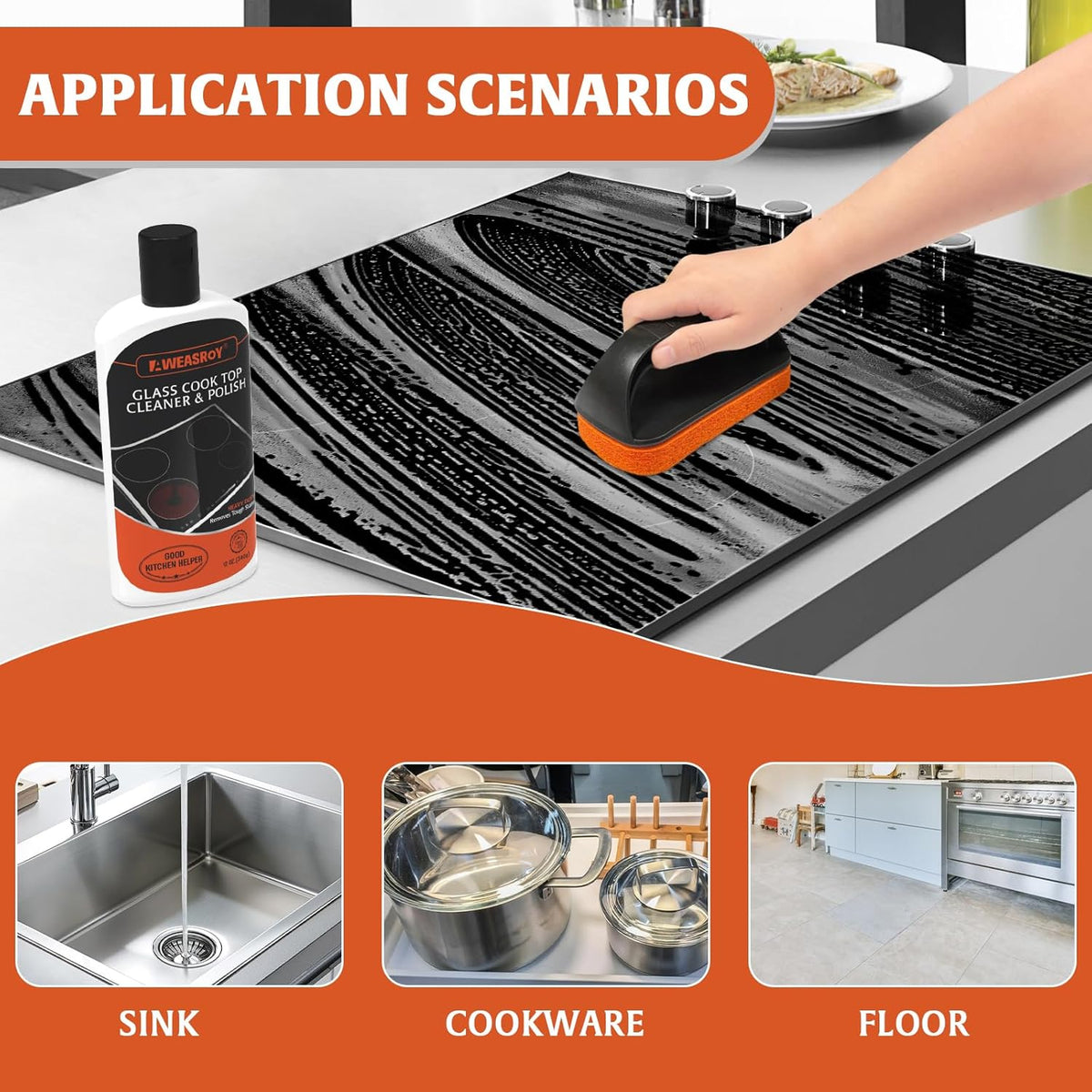 Glass Stove Top Cleaner Kit 12 oz, Cooktop Cleaner and Polish Non-Abrasive No Scratch Removes Tough