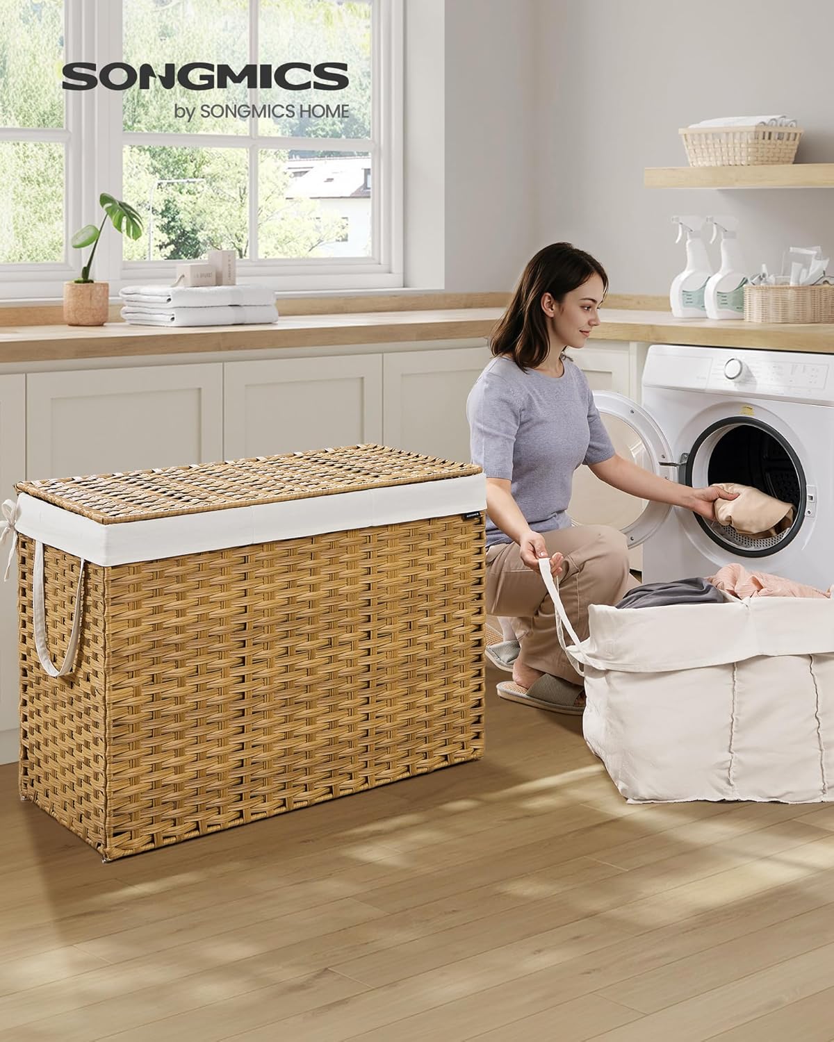 SONGMICS Laundry Hamper with Lid, 200 L Clothes Hamper with 2 Removable Liner Bags, 6 Mesh Bags