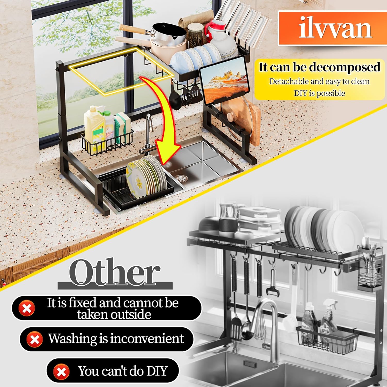 Over Sink Dish Drying Rack (Expandable Height/Length) Snap-On Design Large Dish Drainer Storage