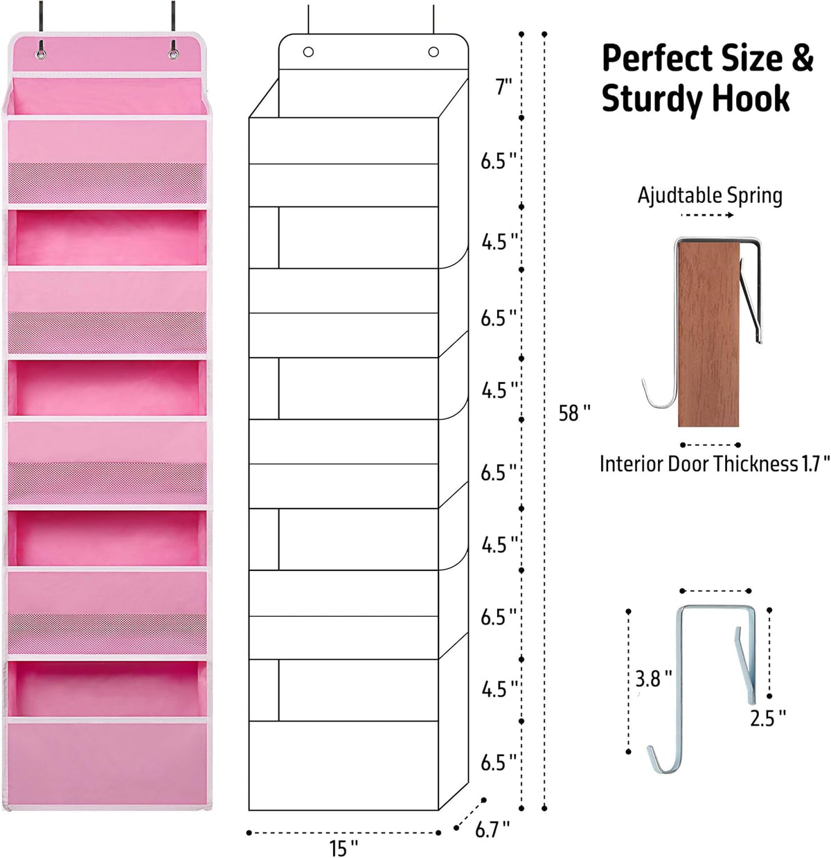 Over Door Organizer with 5 Large Pockets, Heavy Duty Hanging Organizer Storage, Closet Bathroom