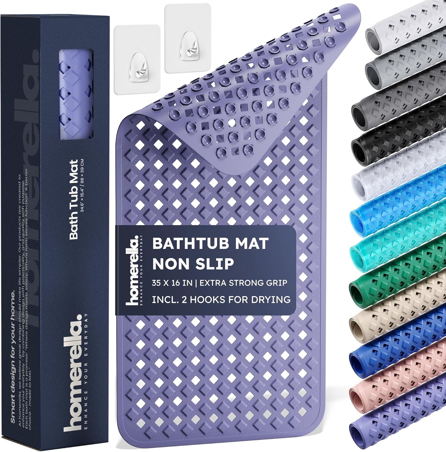 homerella® Bathtub Mat Non Slip 35x16, Incl. Hooks for Drying, Extra Long, 100% BPA Free, Shower