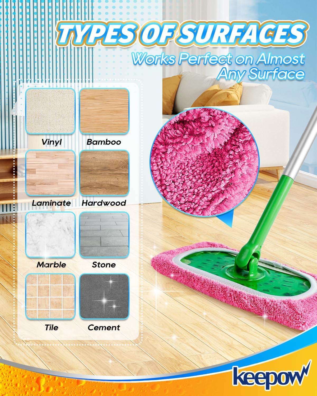 KEEPOW 6 Pack Reusable Mop Pads Compatible with Swiffer Sweeper, Coral Fleece Pink Washable Swiffer