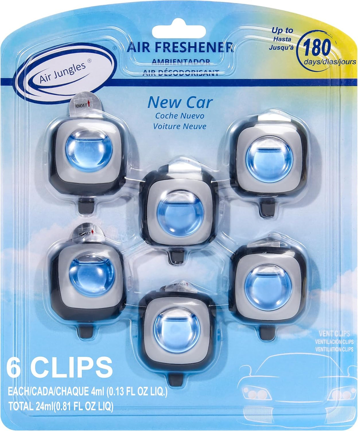 Air Jungles New Car Scent Car Air Freshener Clip, 6 Vent Clips, 4ml Each, Long Lasting Air