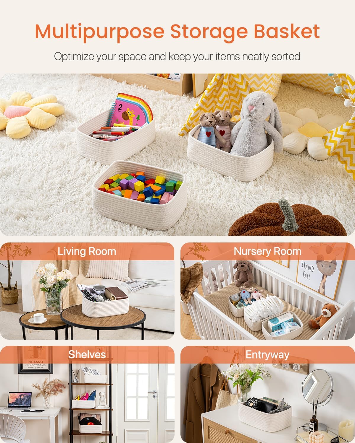 Small Woven Basket, 12 x 8 x 4.5 Inches, Storage Basket for Organizing, Cute Small Rope Shelf