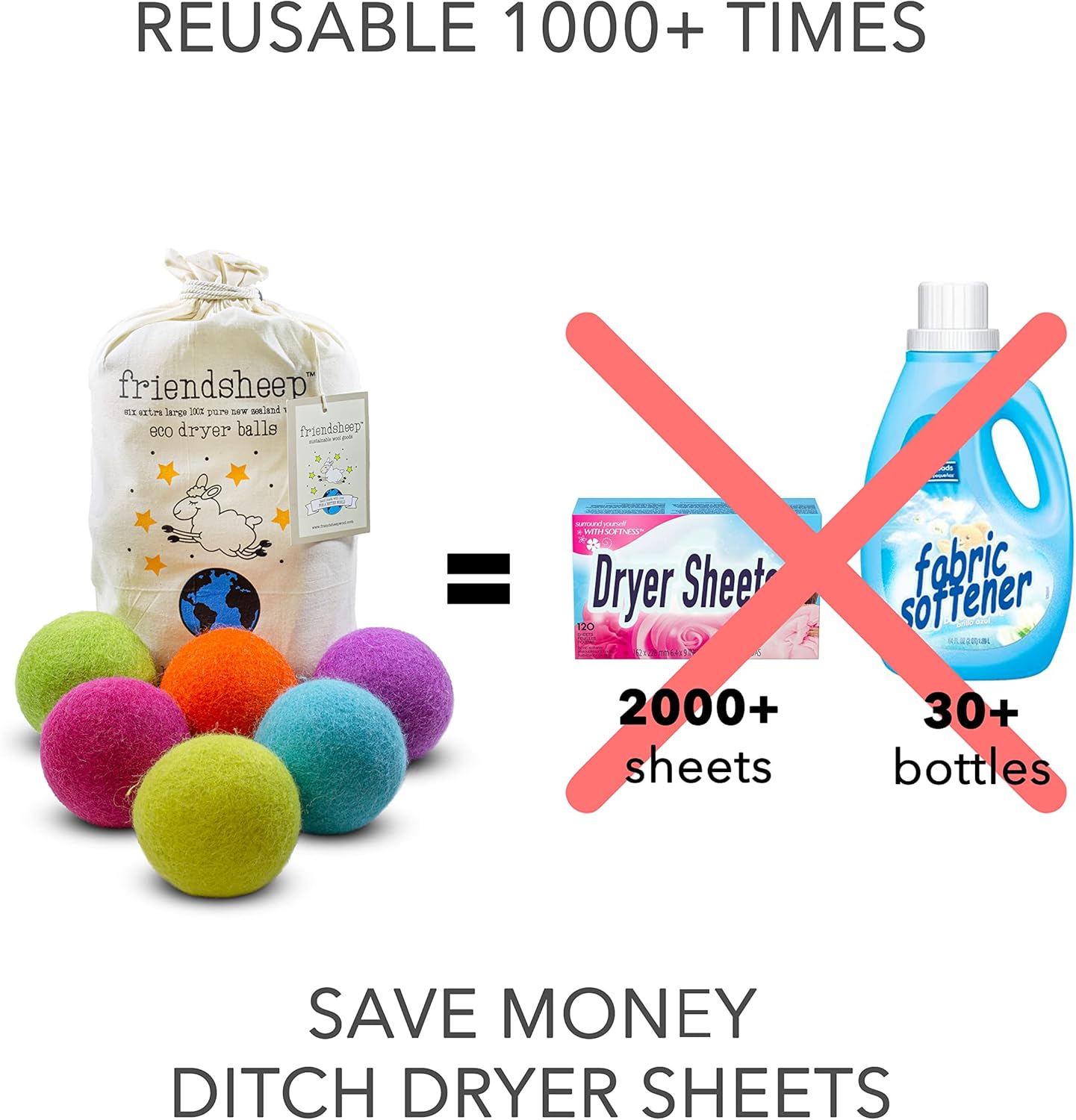 Friendsheep Wool Dryer Balls 6 Pack XL Organic Premium Reusable Cruelty Free Handmade Fair Trade No