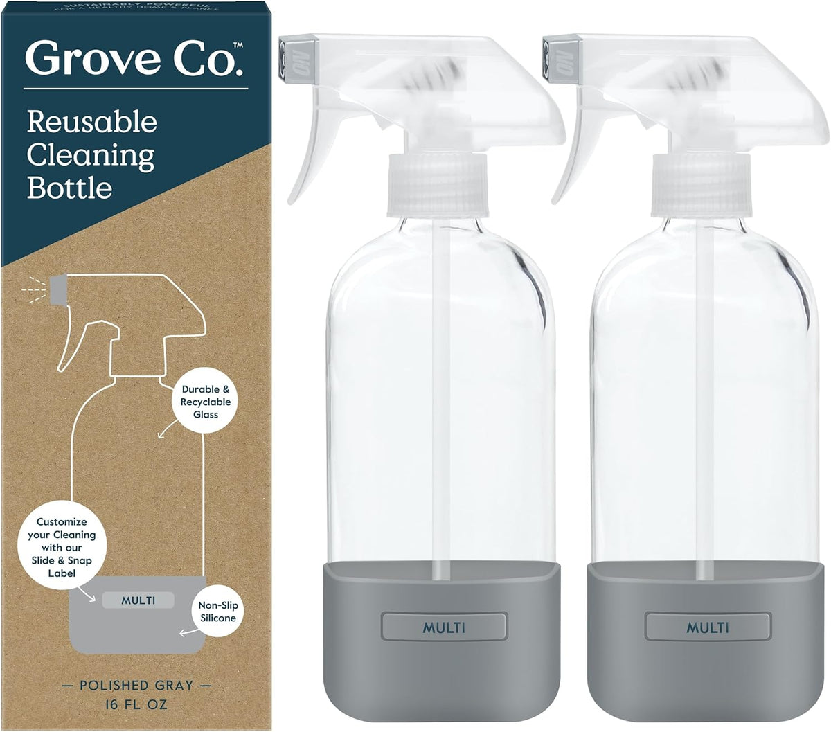 Grove Co. Glass Spray Bottles for Cleaning Solutions, 2-Pack Bundle, Unique Silicon Sleeve Slide &