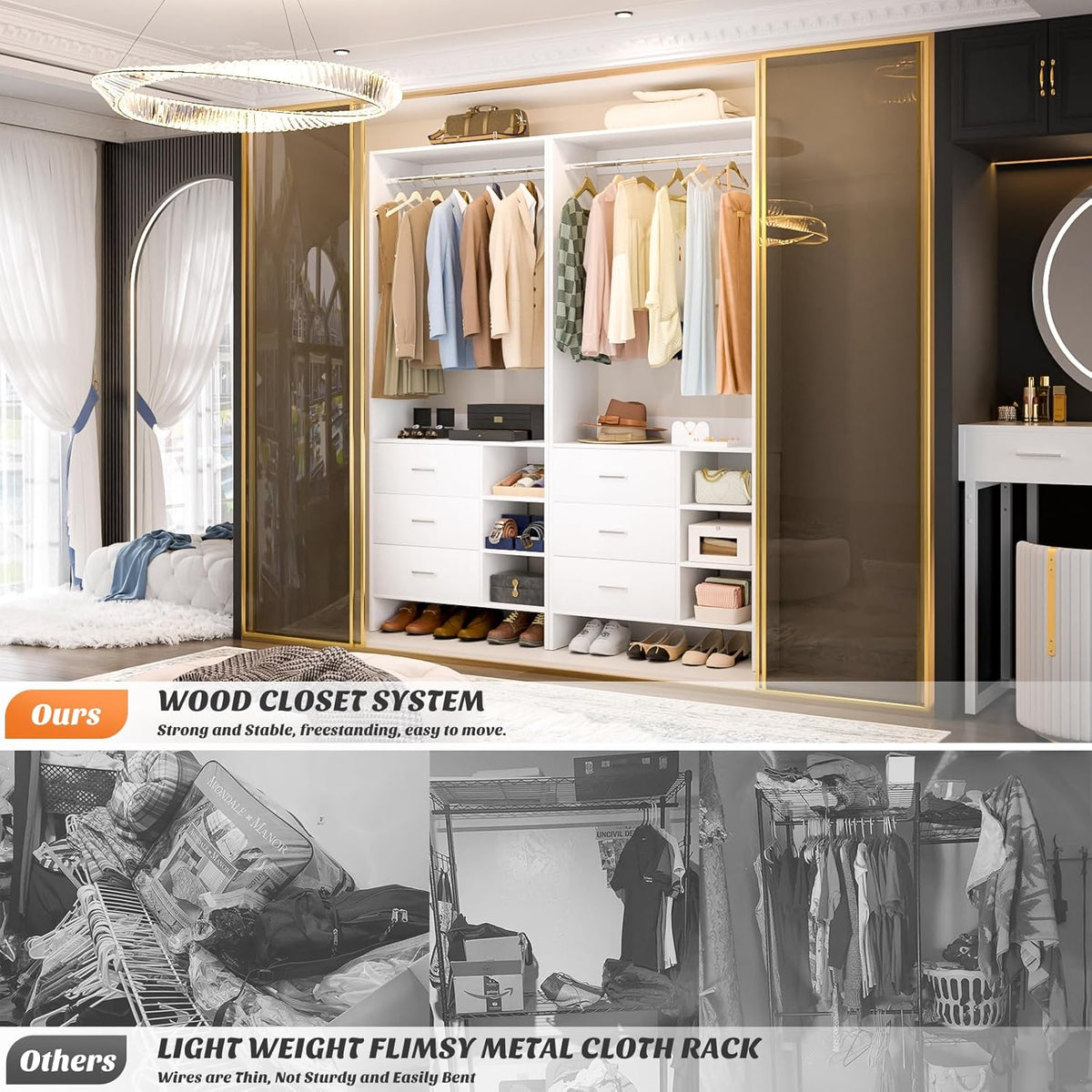 Aheaplus 2.5FT Closet System with 3 Drawers, 29.5’’ Closet Organizer, Wood Closet Organizer System