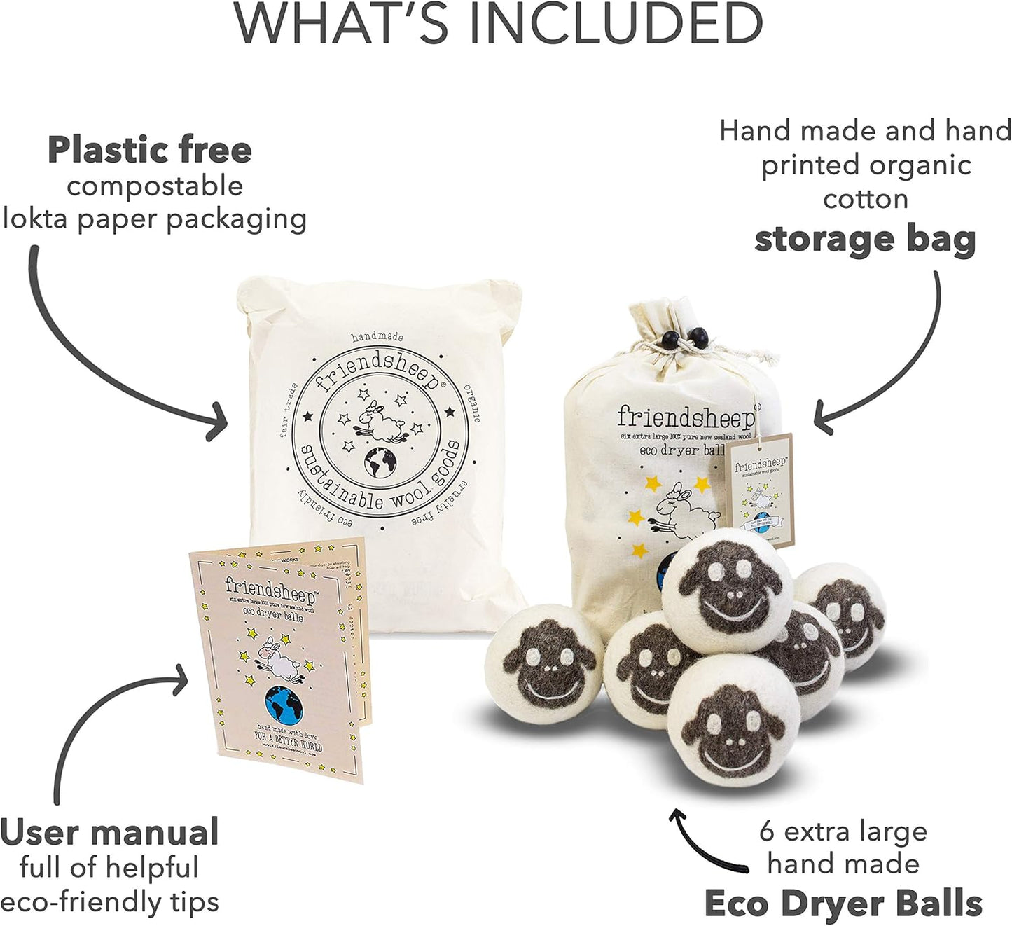 Wool Dryer Balls by Friendsheep 6 Pack XL Organic Premium Reusable Cruelty Free Handmade Fair Trade