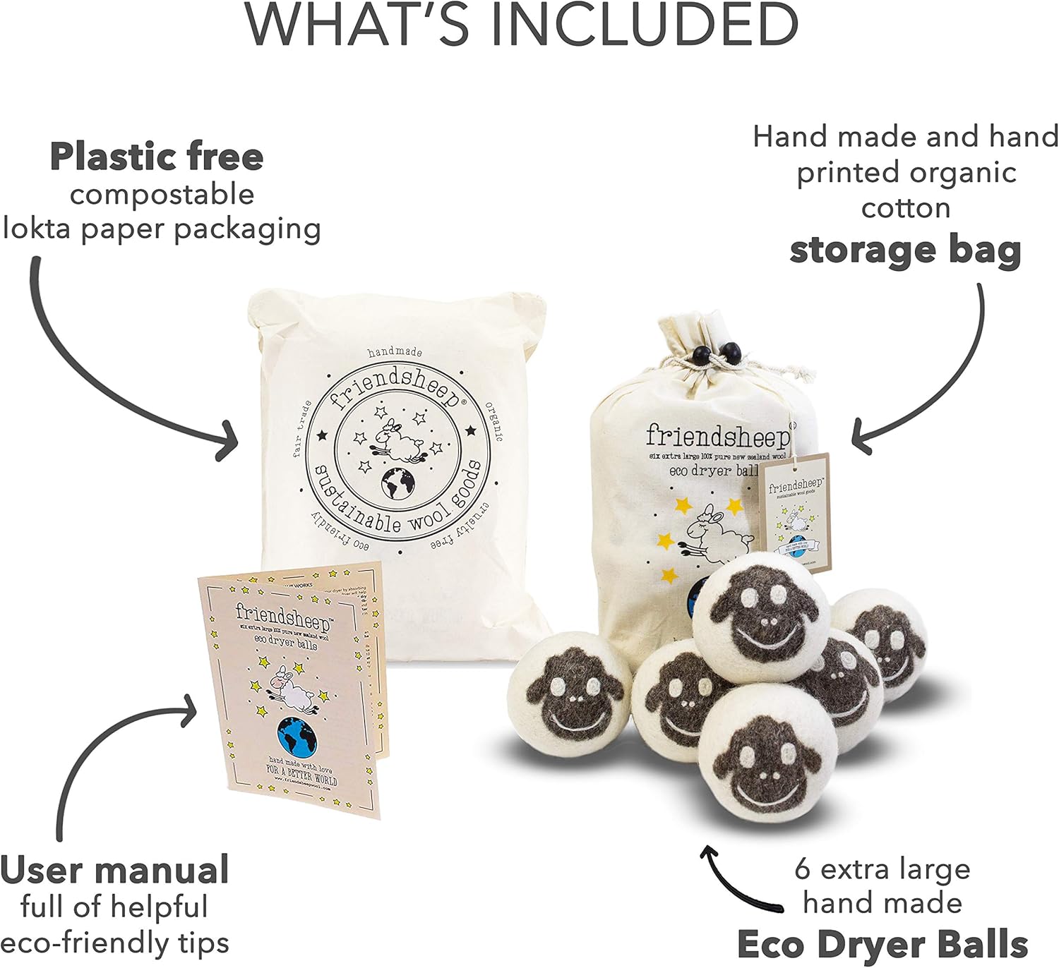Wool Dryer Balls by Friendsheep 6 Pack XL Organic Premium Reusable Cruelty Free Handmade Fair Trade