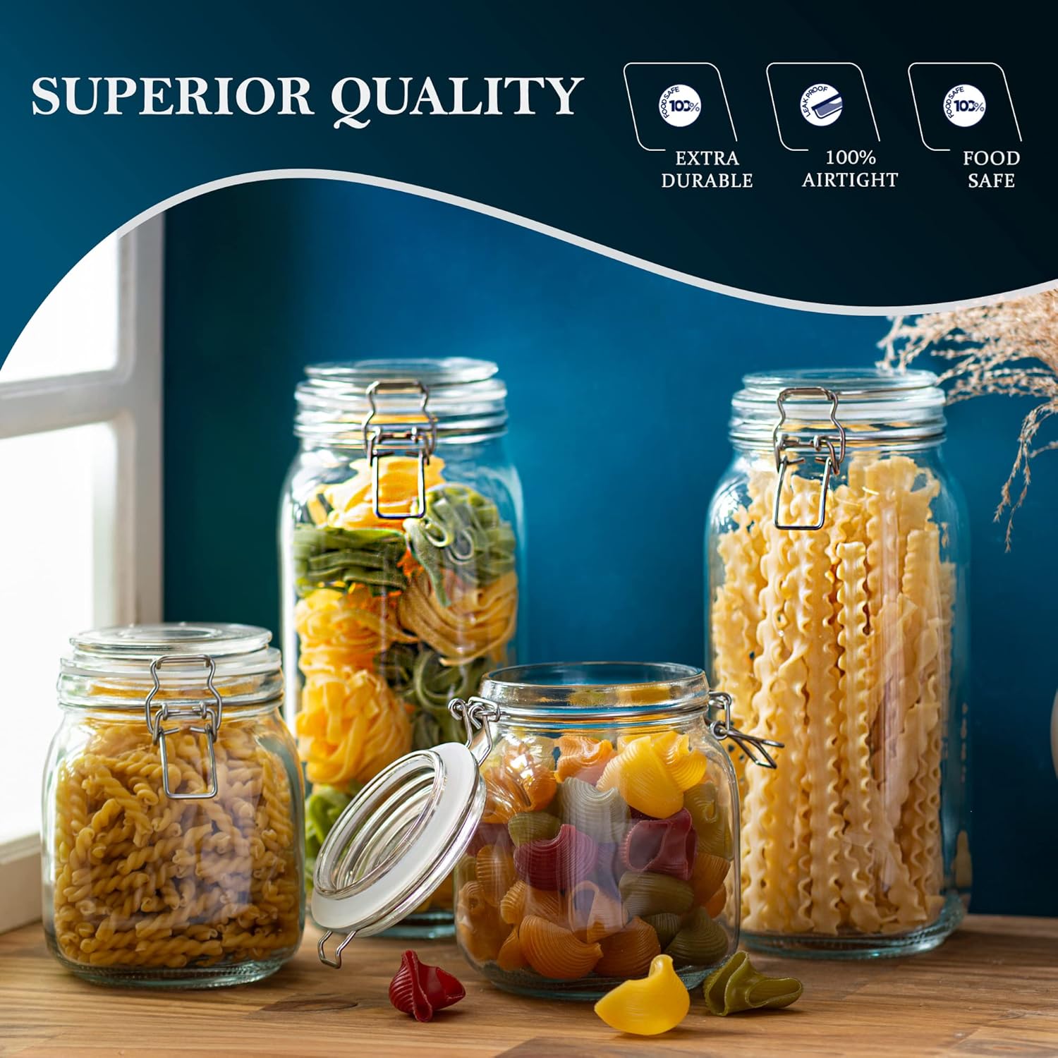 4 Glass Food Storage Jars with Airtight Lids + Chalkboard & Marker, Kitchen Canisters for Flour