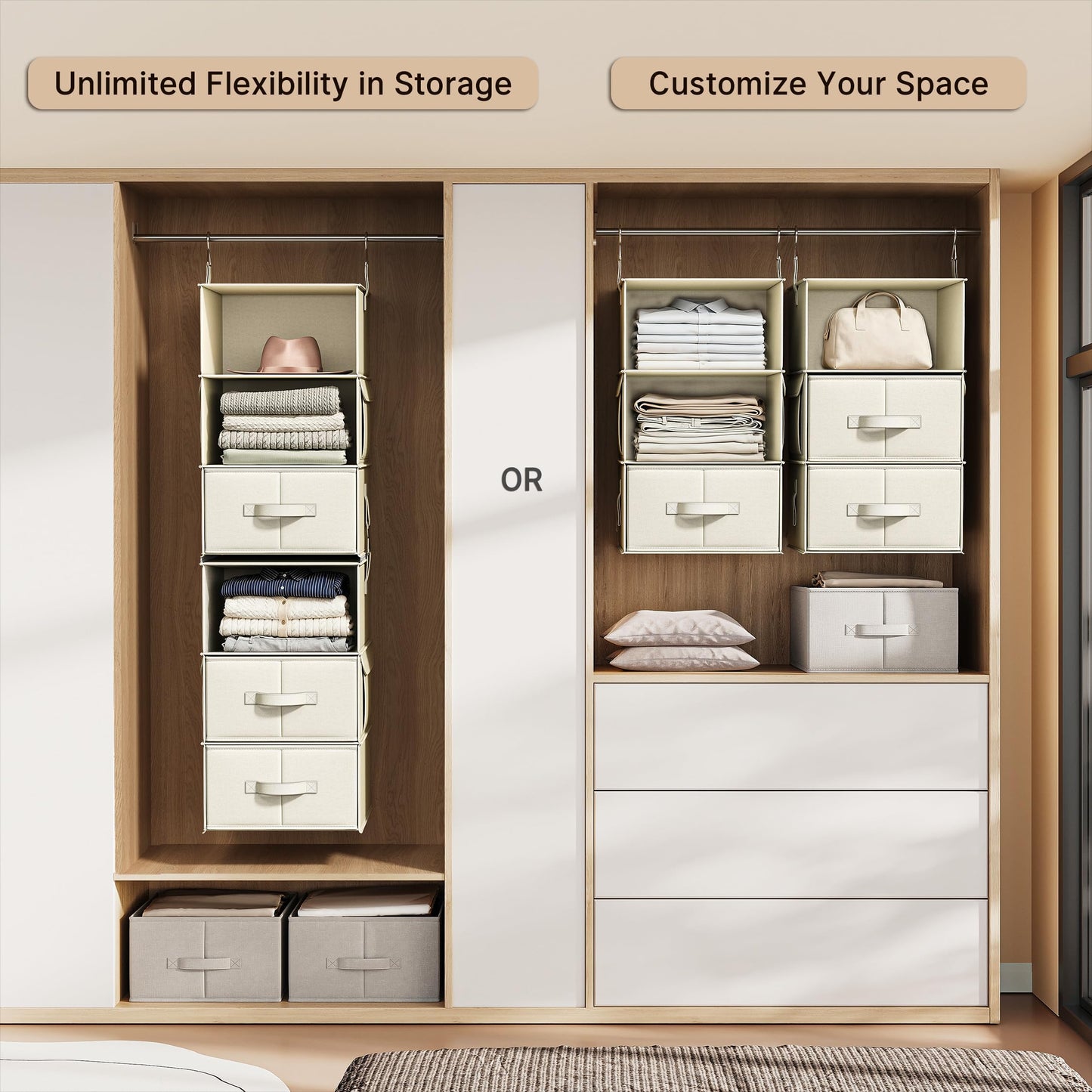 6-Shelf Hanging Closet Organizer with 3 Drawers, 2-in-1 Design, Beige
