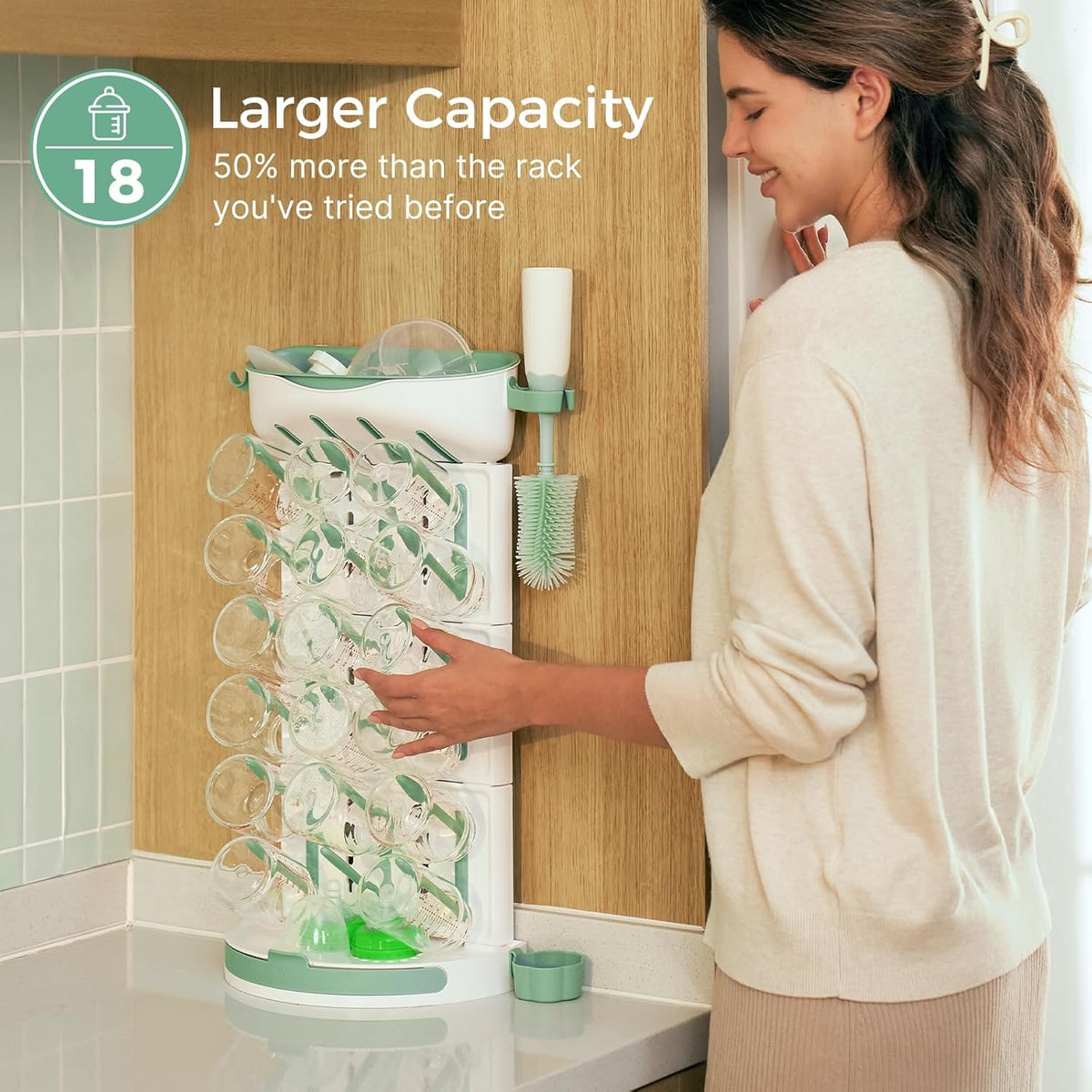 Momcozy DIY Larger Bottle Drying Rack for 18 Bottles, Space Saving Countertop Vertical Rack with
