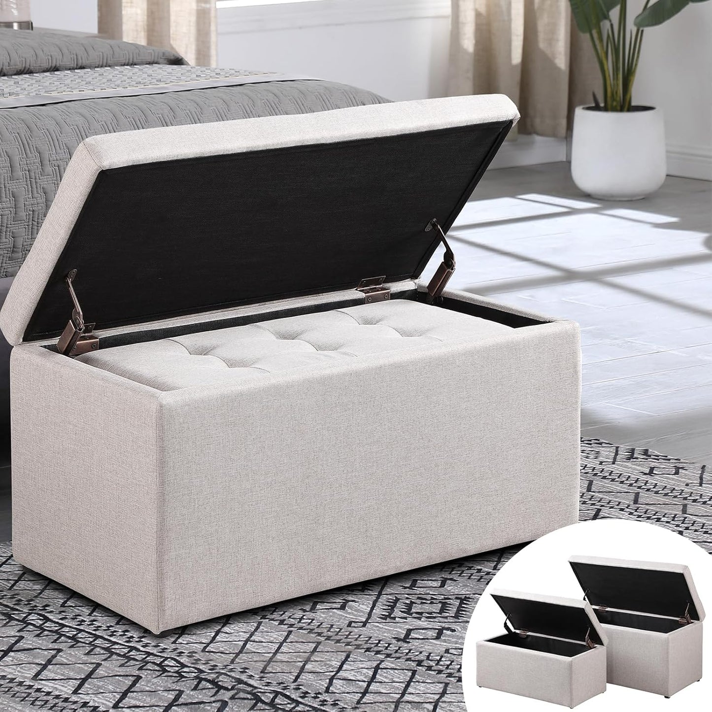 Storage Ottoman Bench with 2.56-inch Thick Seat, 31.5 inch Nesting Ottoman Set of 2, Hinged Flip