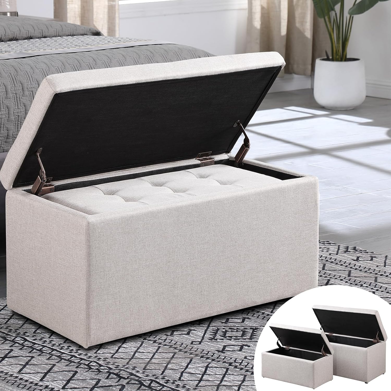 Storage Ottoman Bench with 2.56-inch Thick Seat, 31.5 inch Nesting Ottoman Set of 2, Hinged Flip